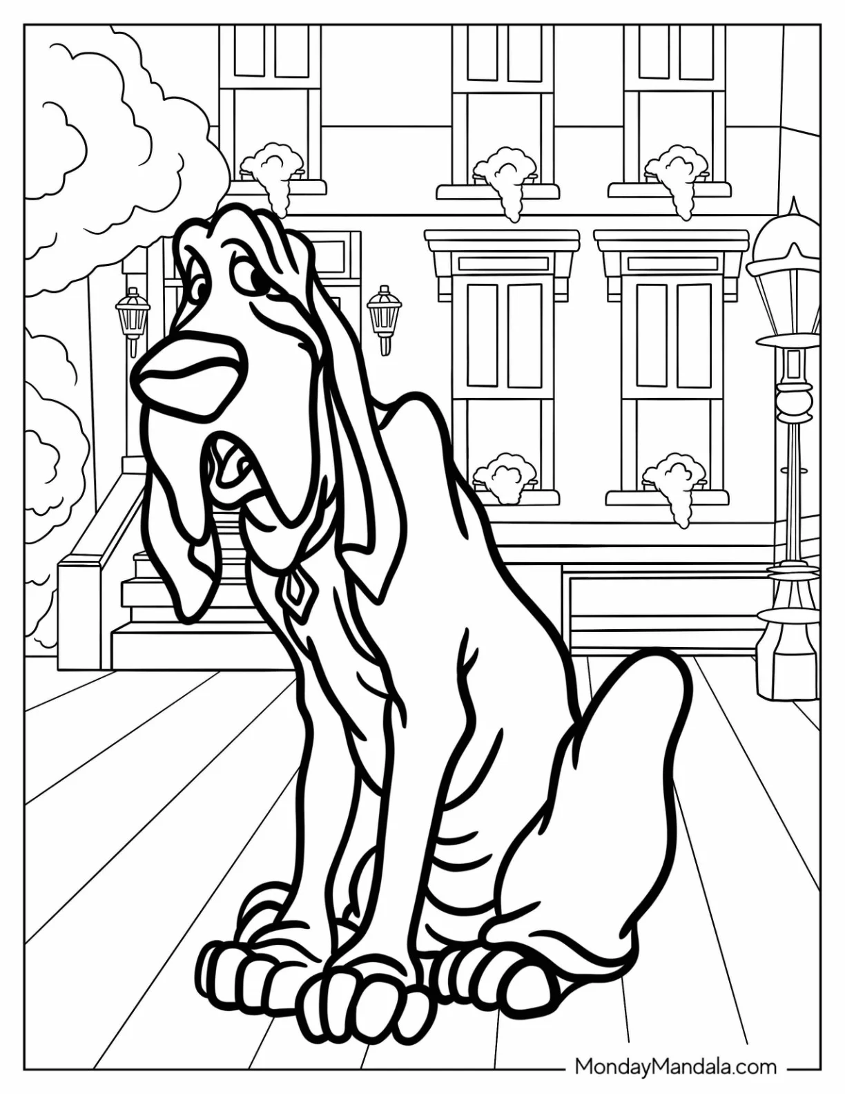 Lady And The Tramp Coloring Page Of Trusty Sitting Outside Building coloring page