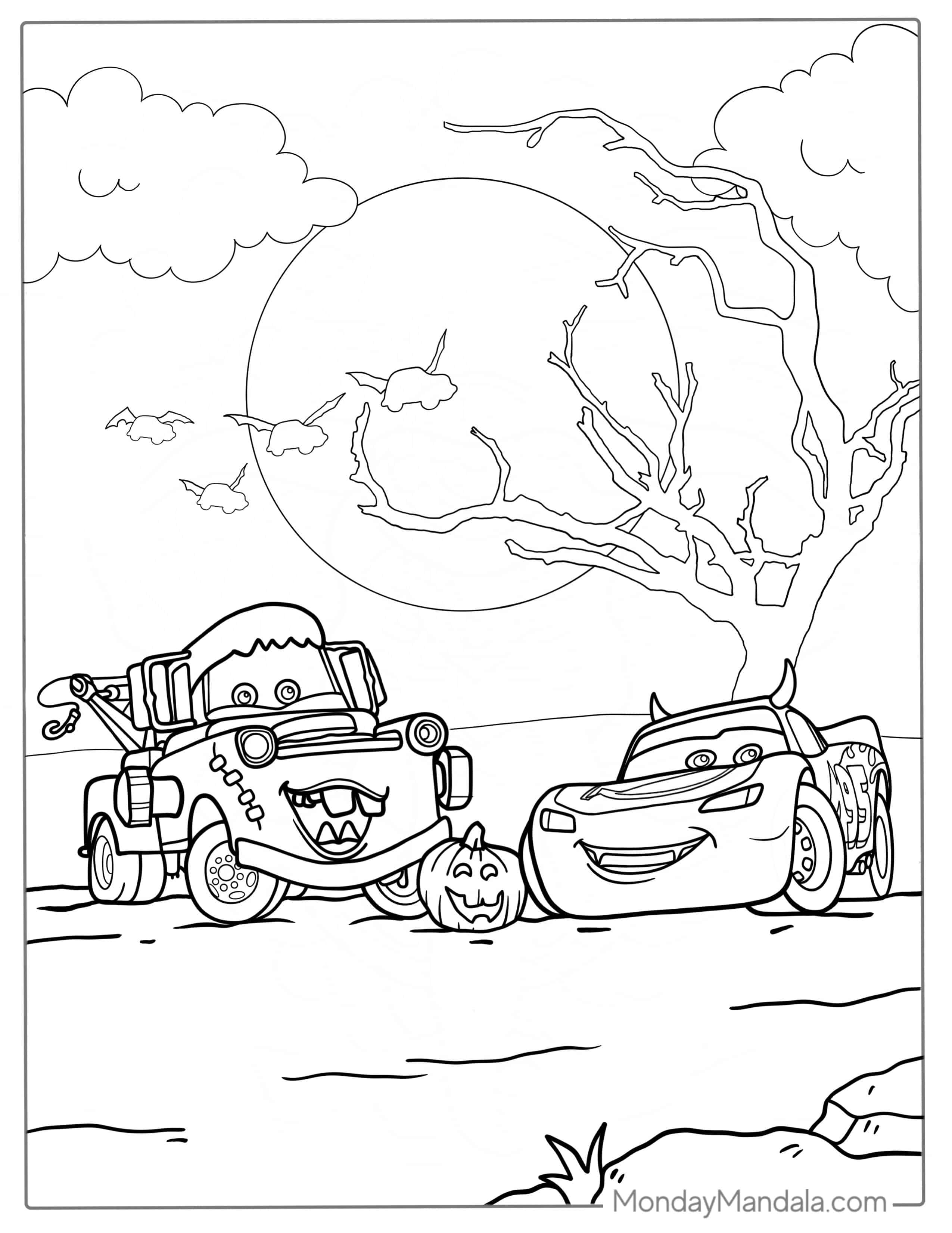 Halloween Themed McQueen and Mater To Color coloring page