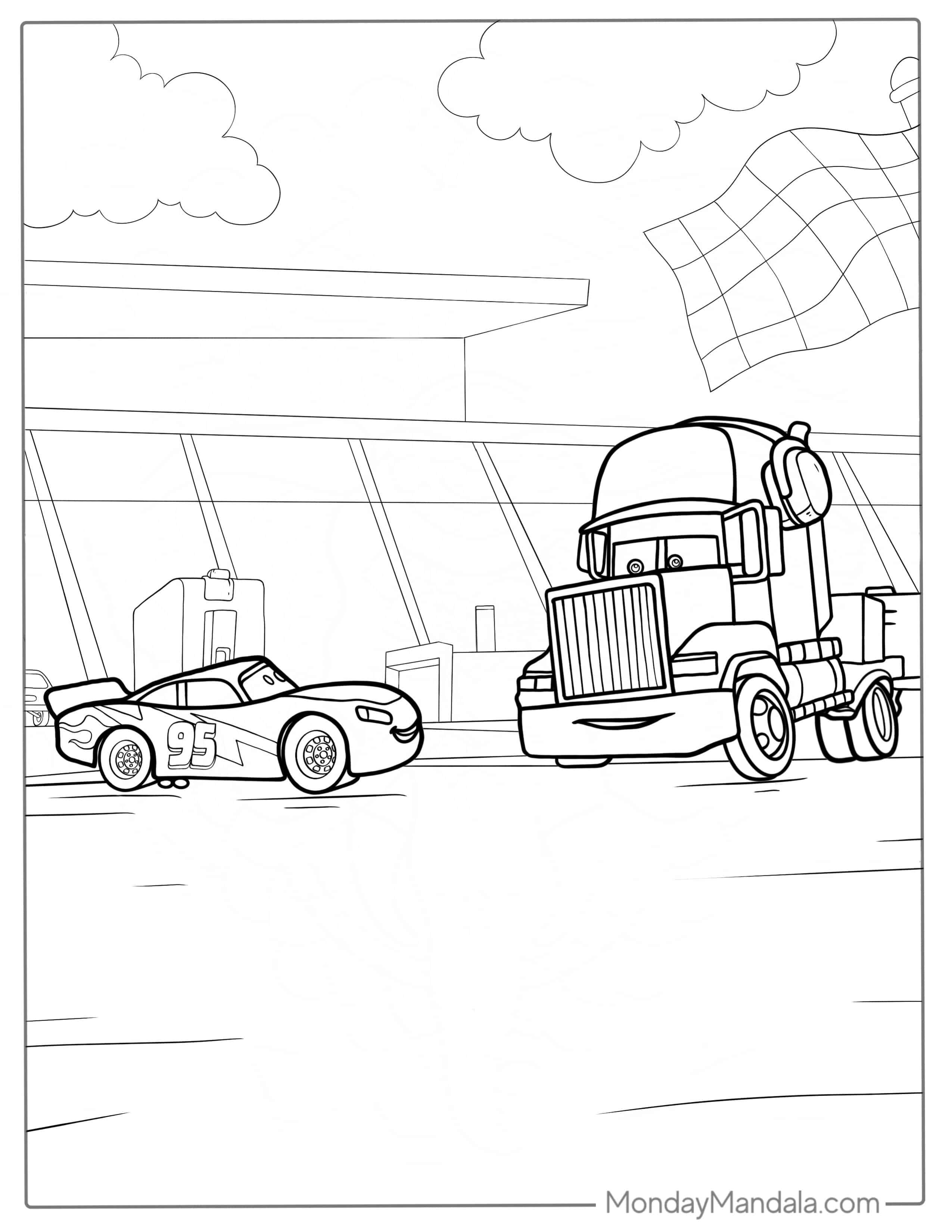 Lightning McQueen And Mack Truck Coloring Page coloring page — printable line art