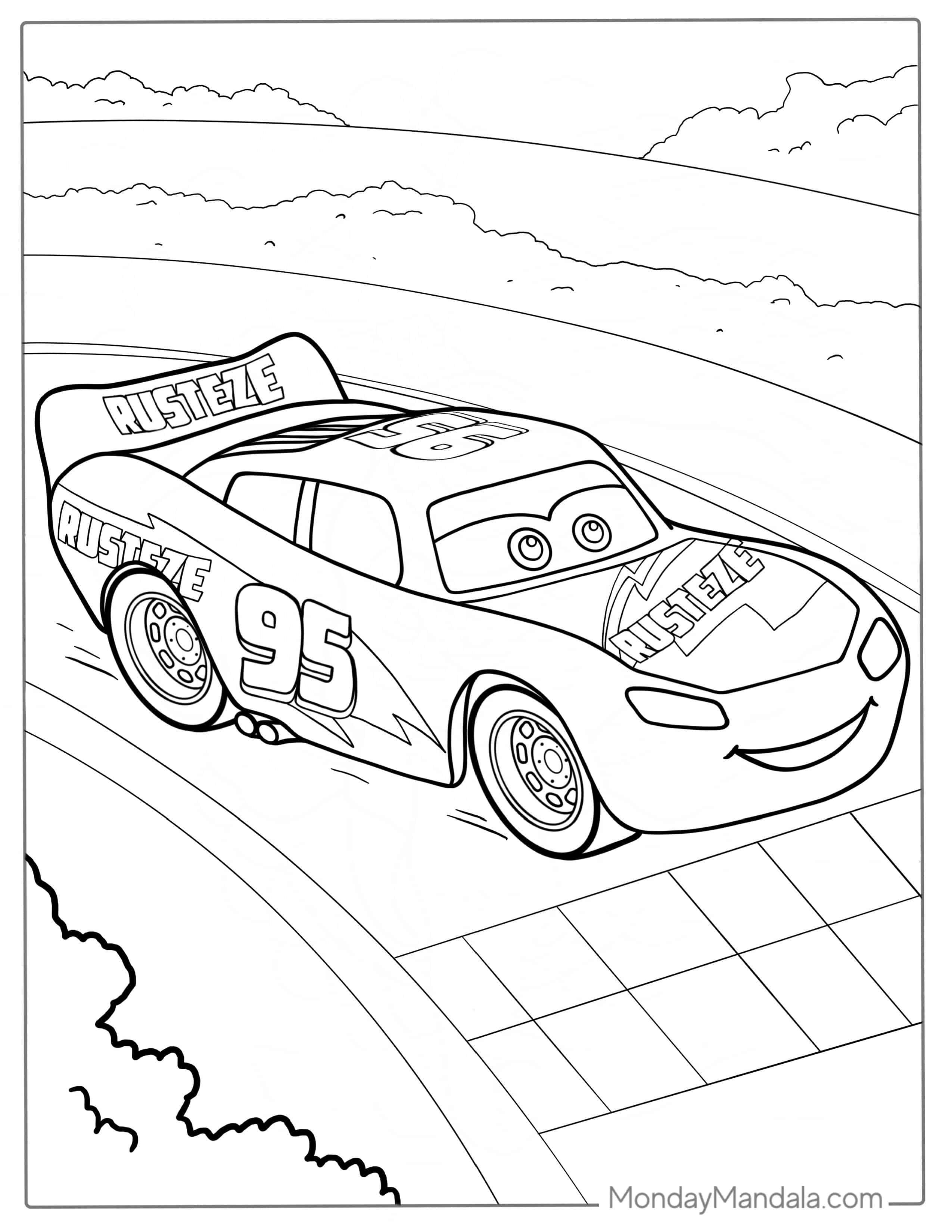 Lightning McQueen Car Racing On Track To Color coloring page — printable line art
