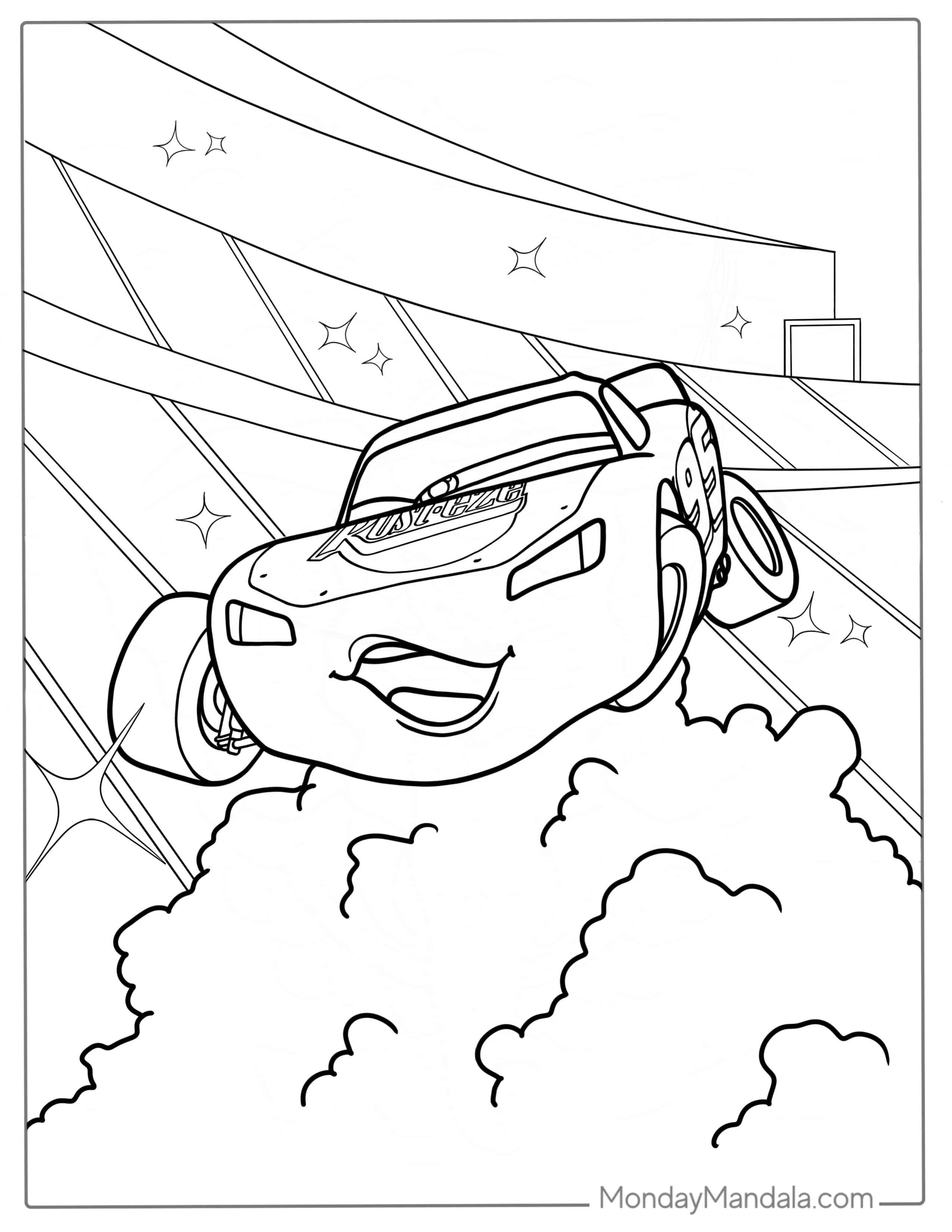 Lightning McQueen Showing Off To Crowd Coloring Page coloring page