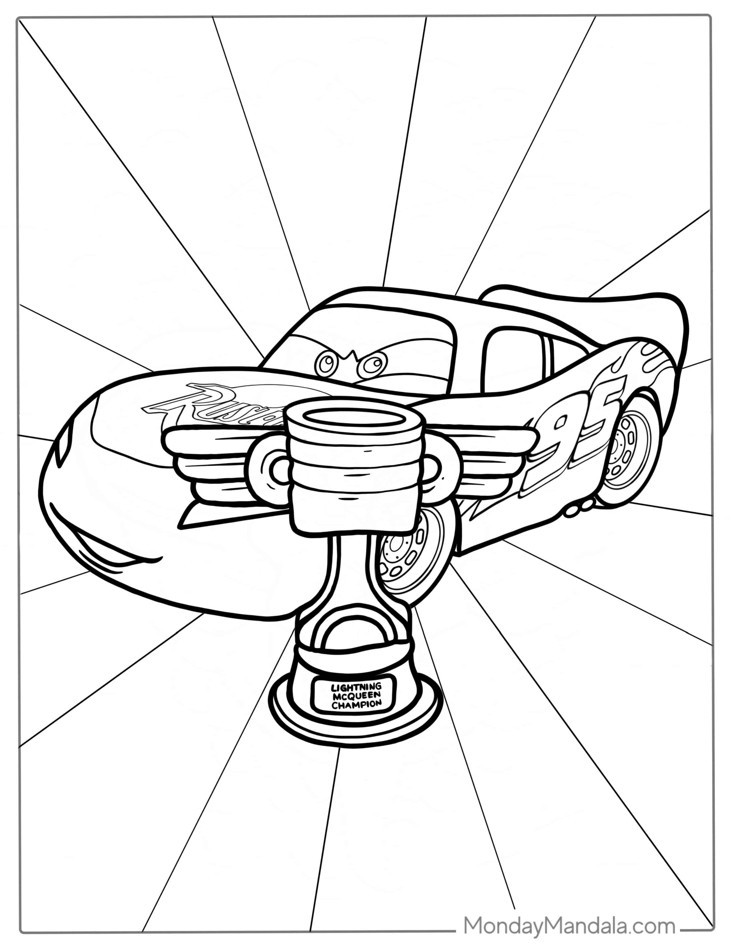 Lightning McQueen With Piston Cup Trophy Coloring Page coloring page