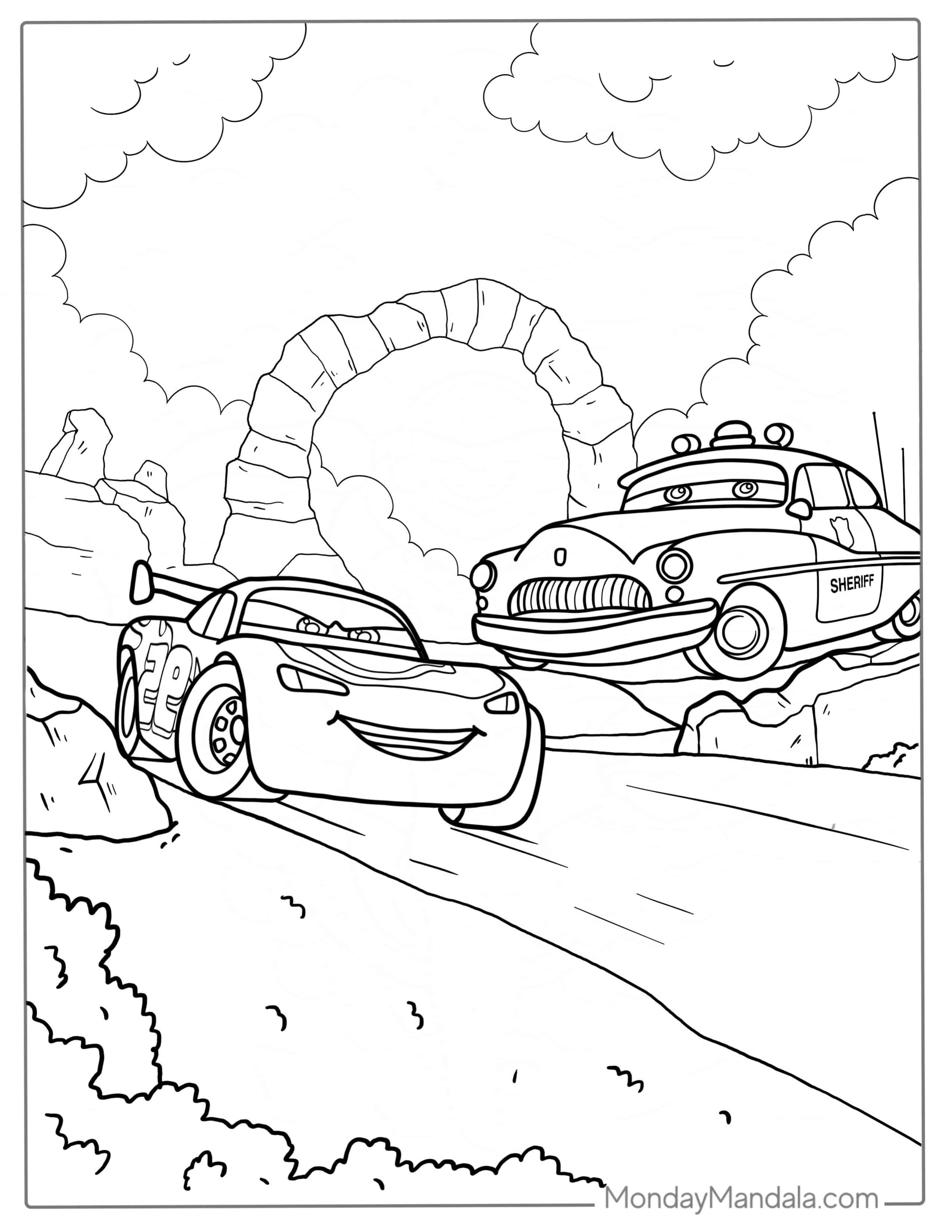 Lightning McQueen With The Sheriff To Color coloring page