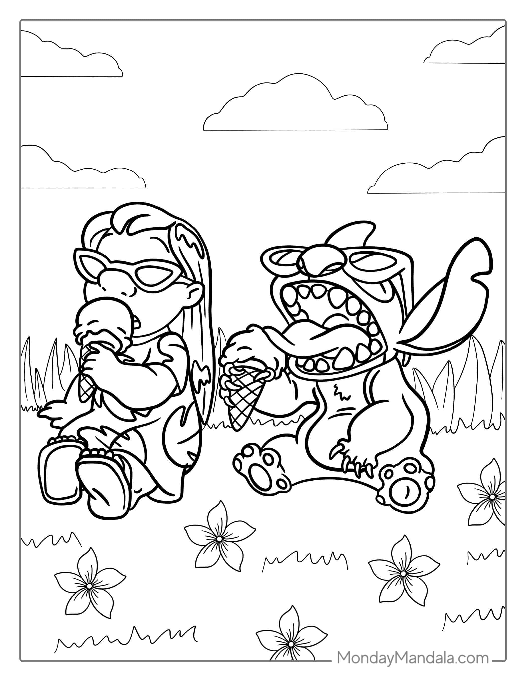 Coloring Page Of Lilo And Stitch Eating Ice Cream coloring page — printable line art