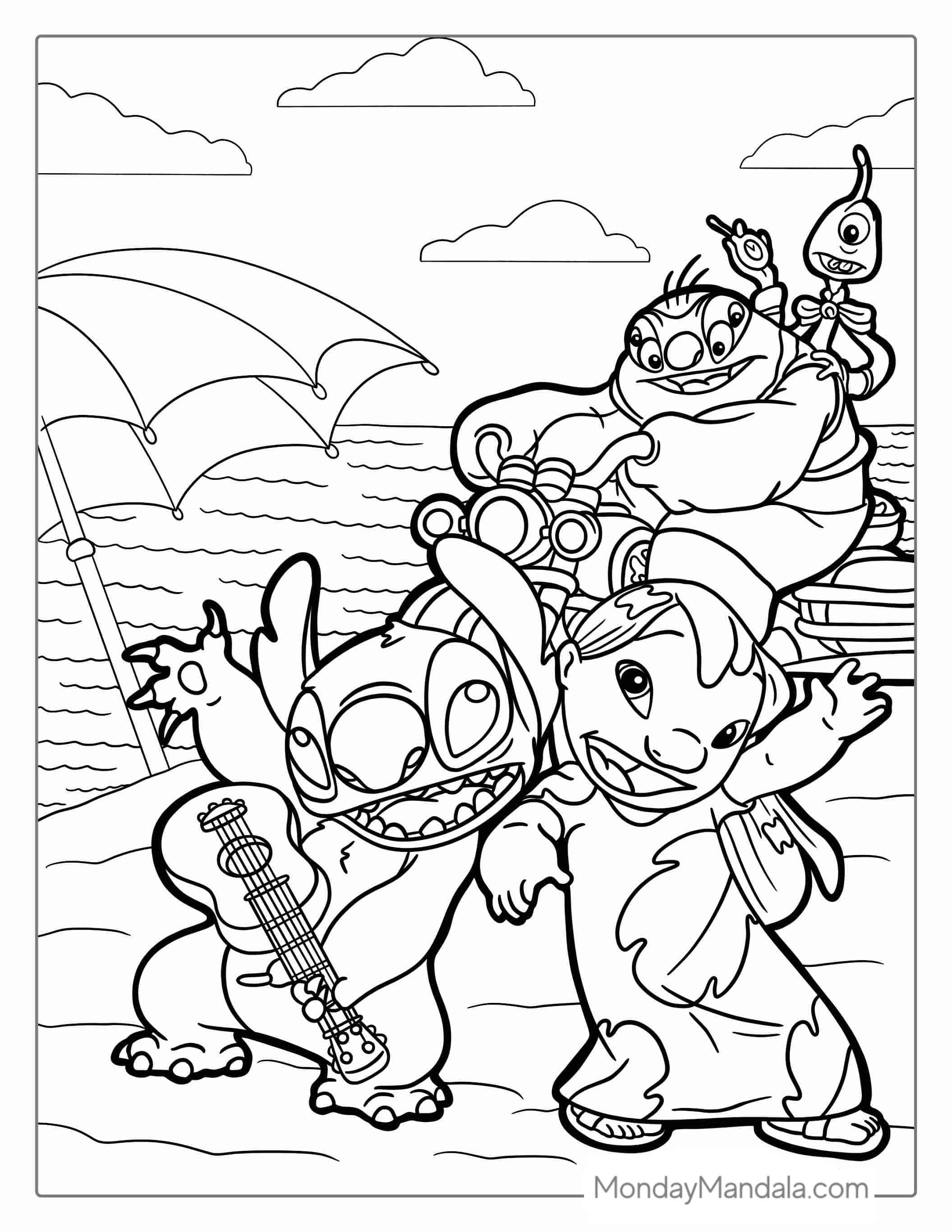 Coloring Page Of Lilo And Stitch On Beach With Jumba And Pleakley coloring page — printable line art