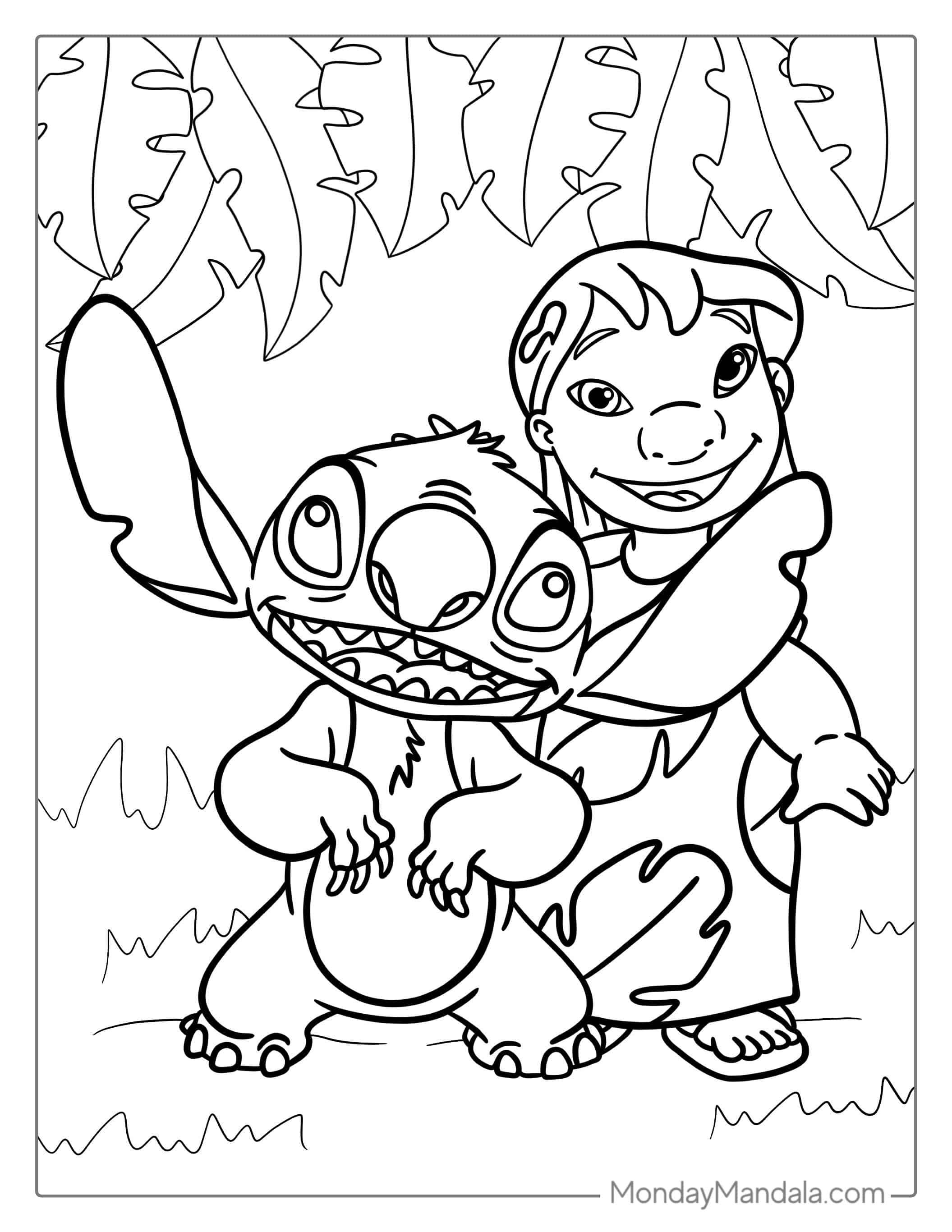 Coloring Page Of Lilo And Stitch With Banana Leaves coloring page — printable line art