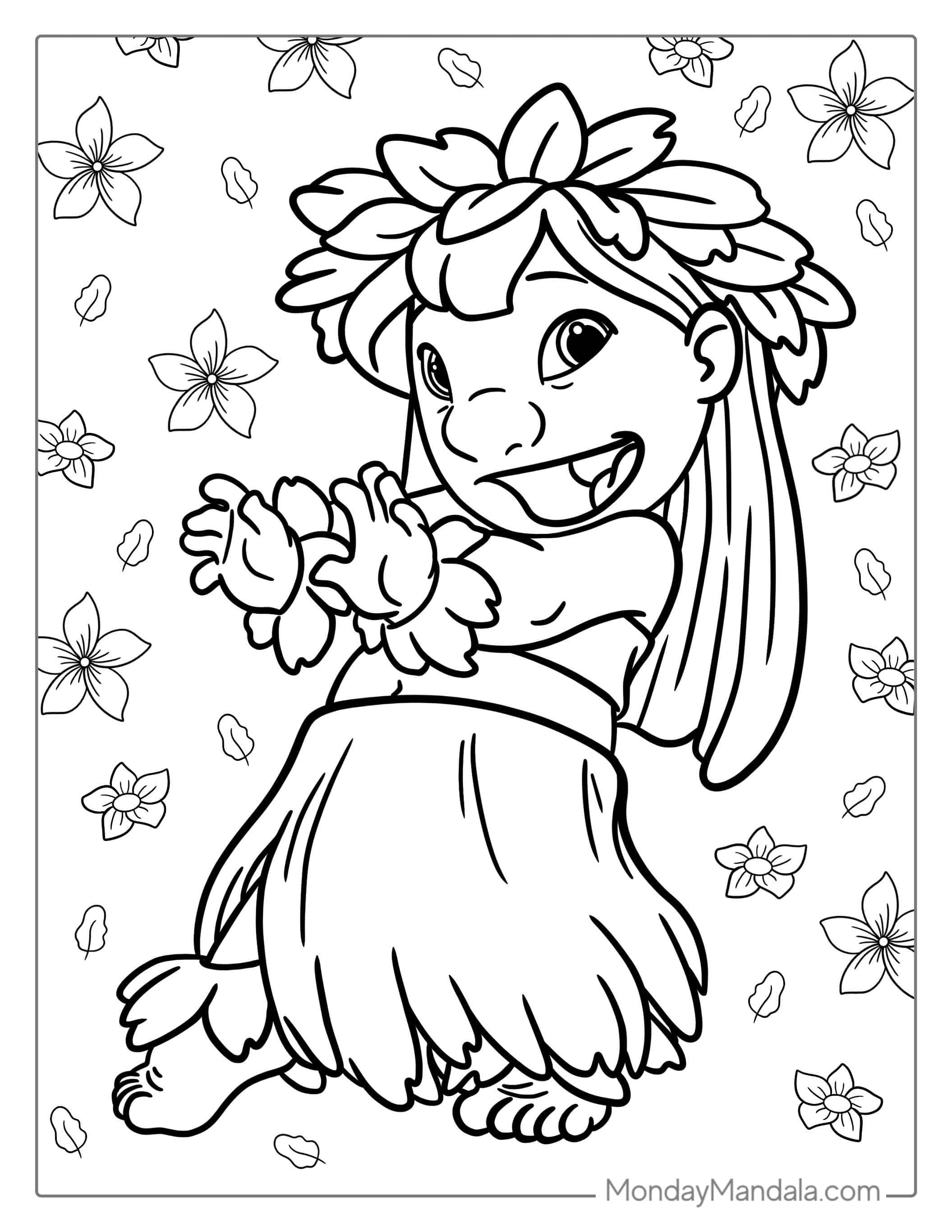 Coloring Page Of Lilo Doing Hula In Grass Skirt coloring page — printable line art