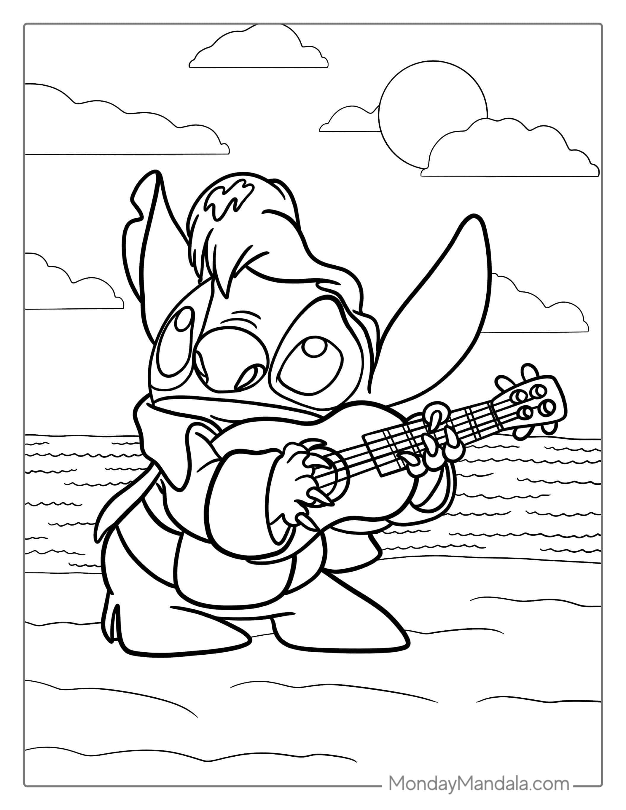 Elvis Stitch Playing Guitar Coloring Sheet coloring page — printable line art