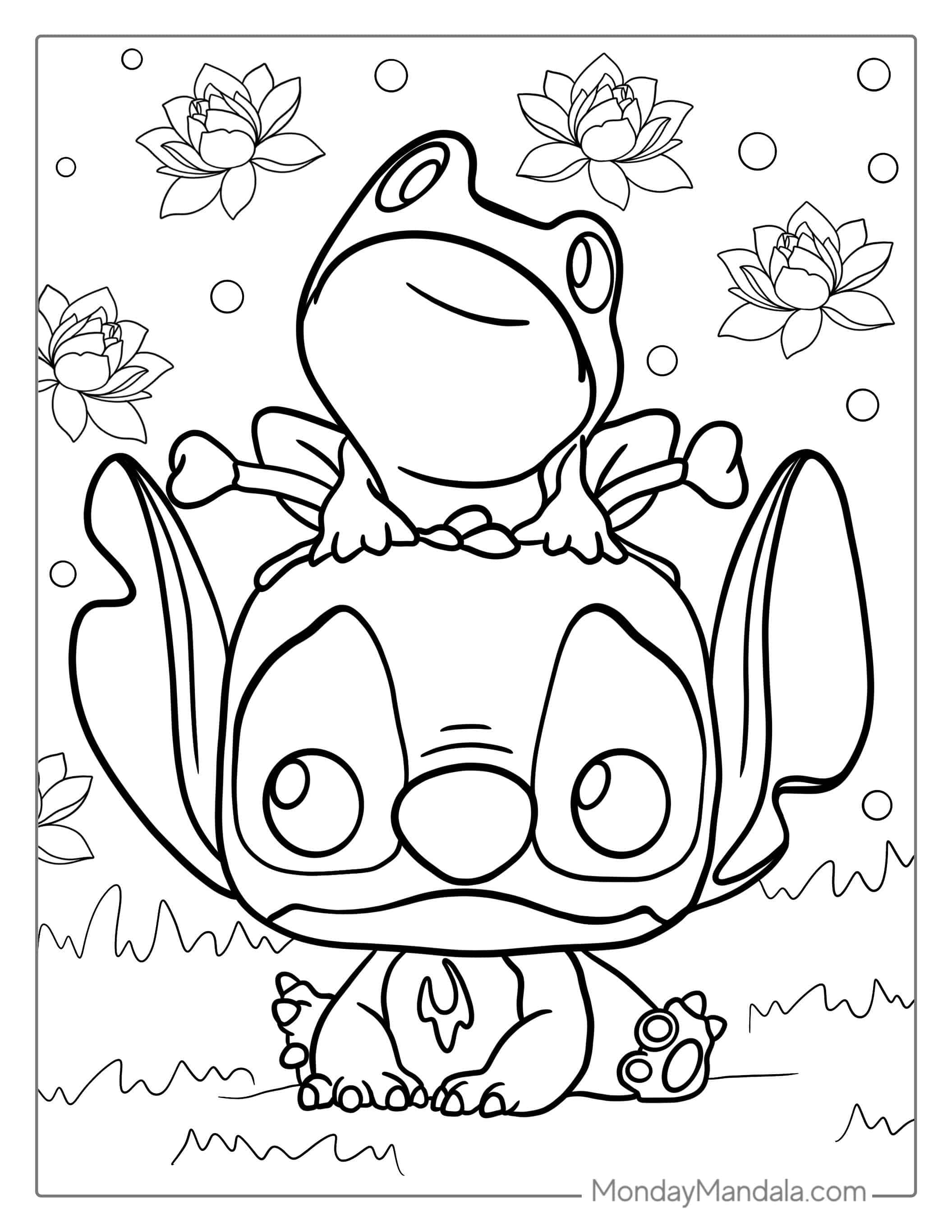 Funko Pop Stitch With Frog On Head To Color coloring page — printable line art