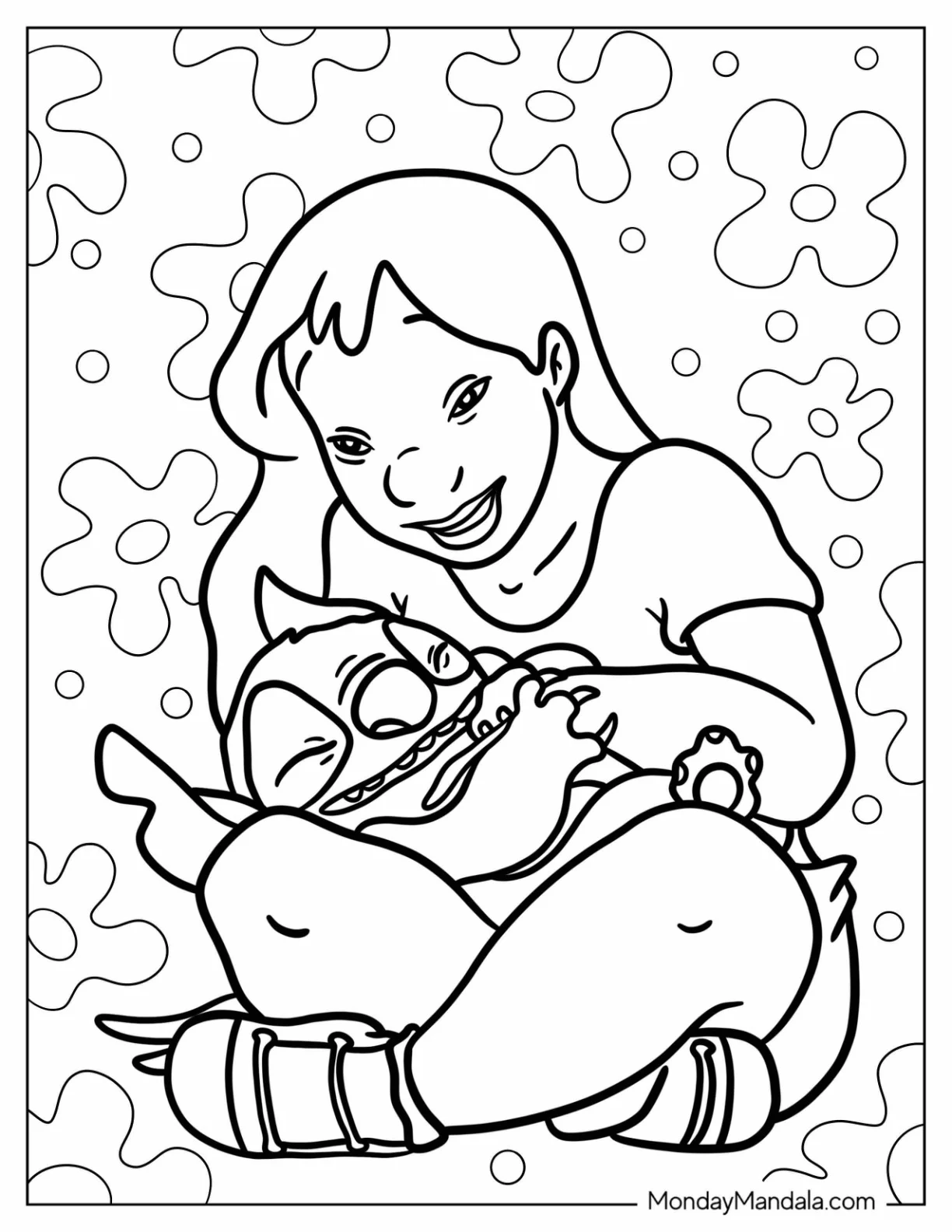 Lilo & Stitch Coloring Page Of Nani Cuddling Stitch coloring page — printable line art