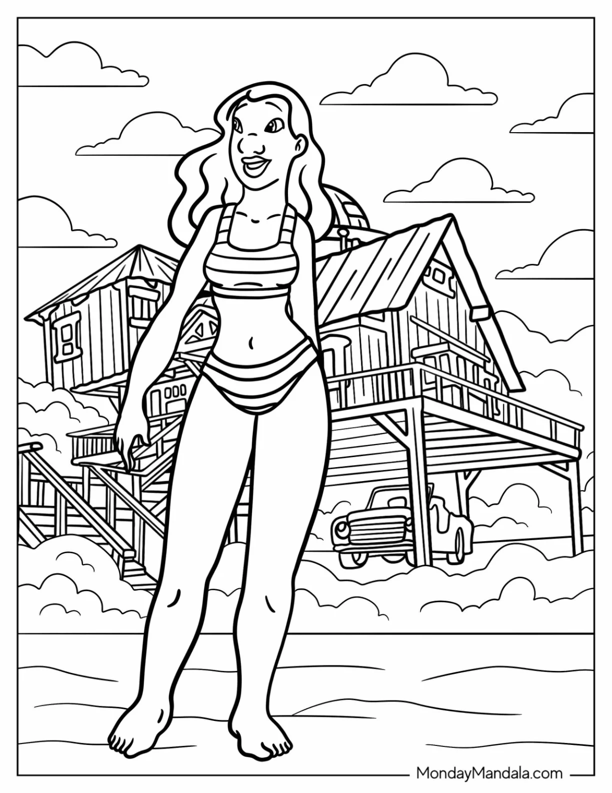 Lilo & Stitch Coloring Page Of Nani Pelekai In A Bikini Outside Of Her House coloring page — printable line art
