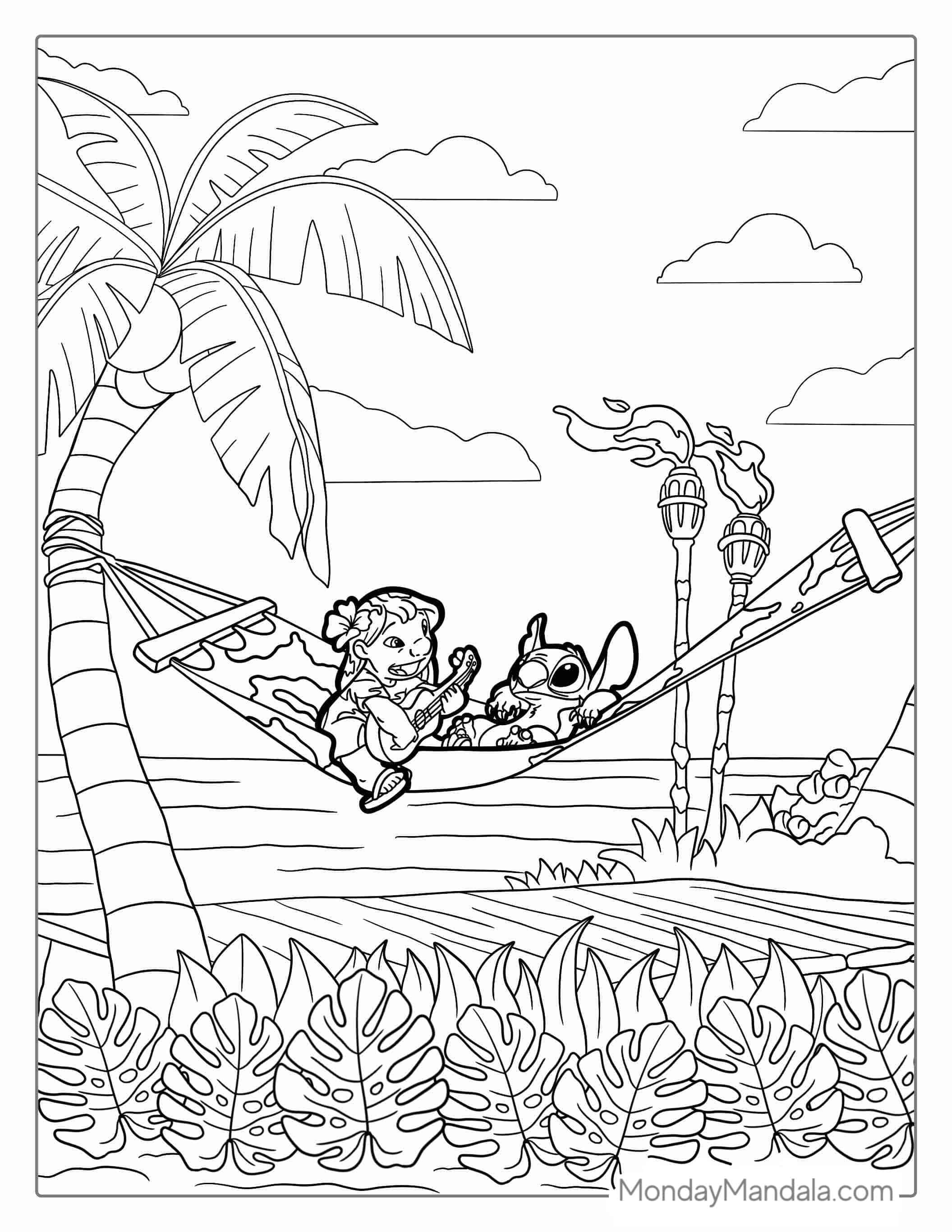 Lilo And Stitch Playing Guitar On a Hammock Coloring Page coloring page