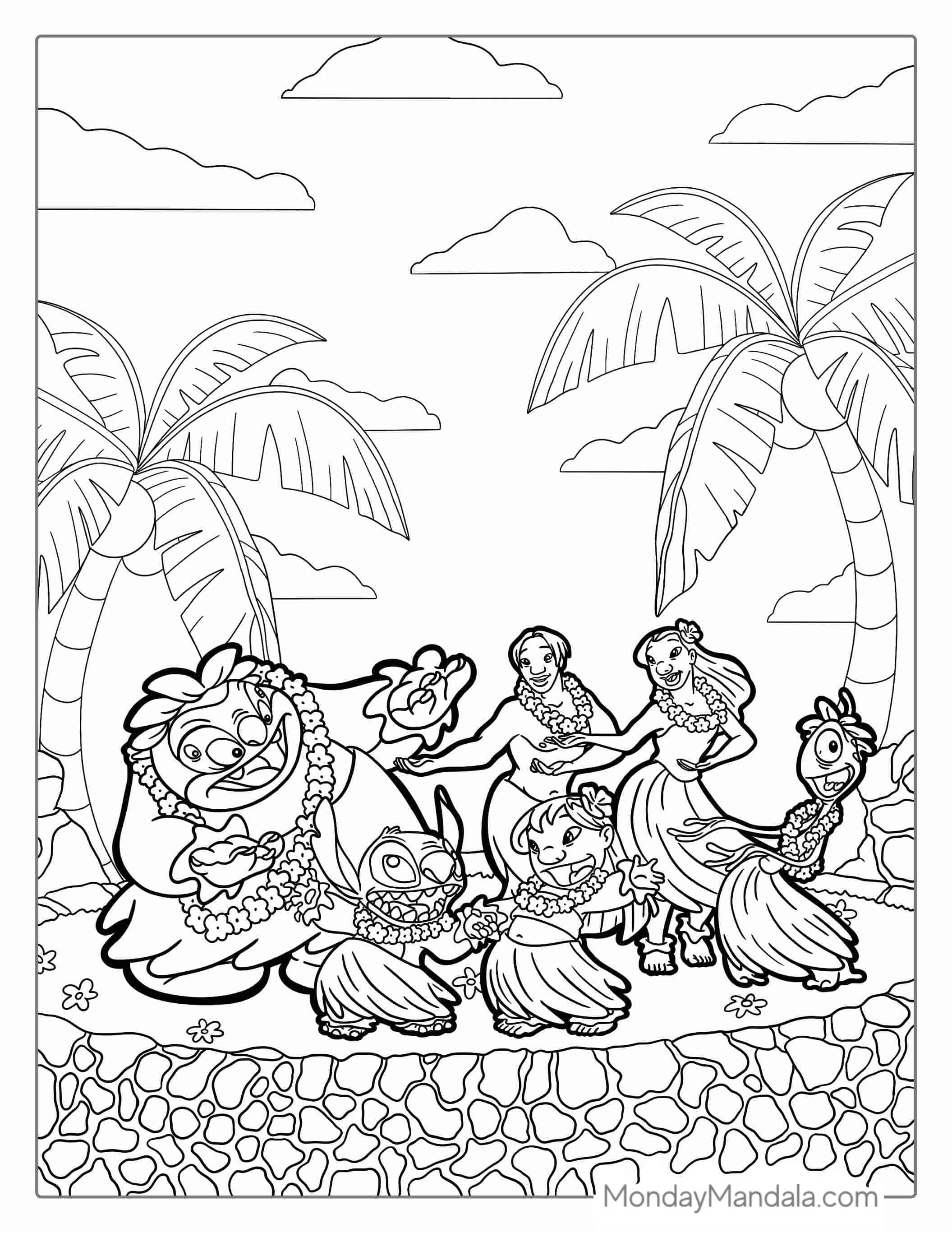 Lilo and Stitch With Friends Hula Dancing coloring page — printable line art