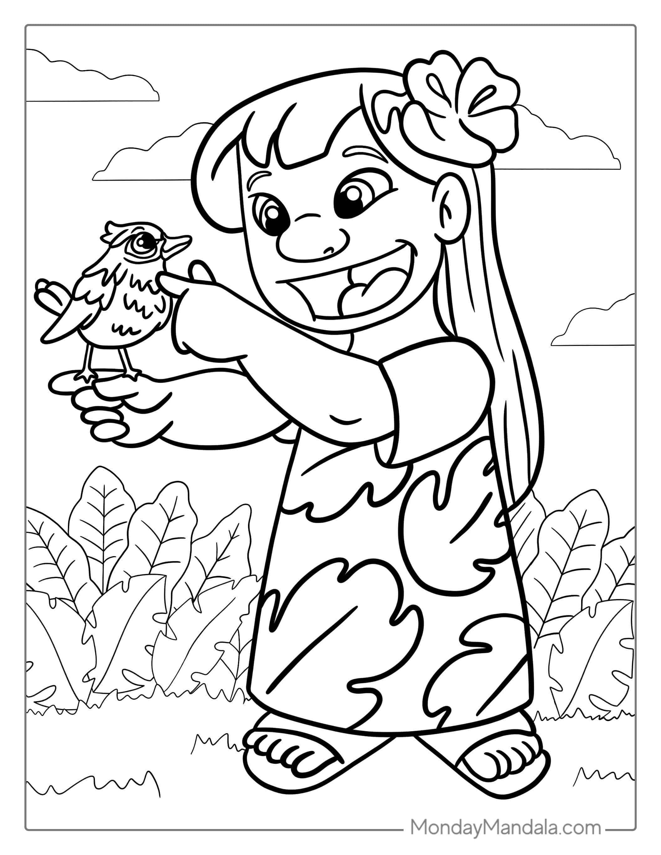Lilo Holding a Baby Bird Coloring Page coloring page — printable line art
