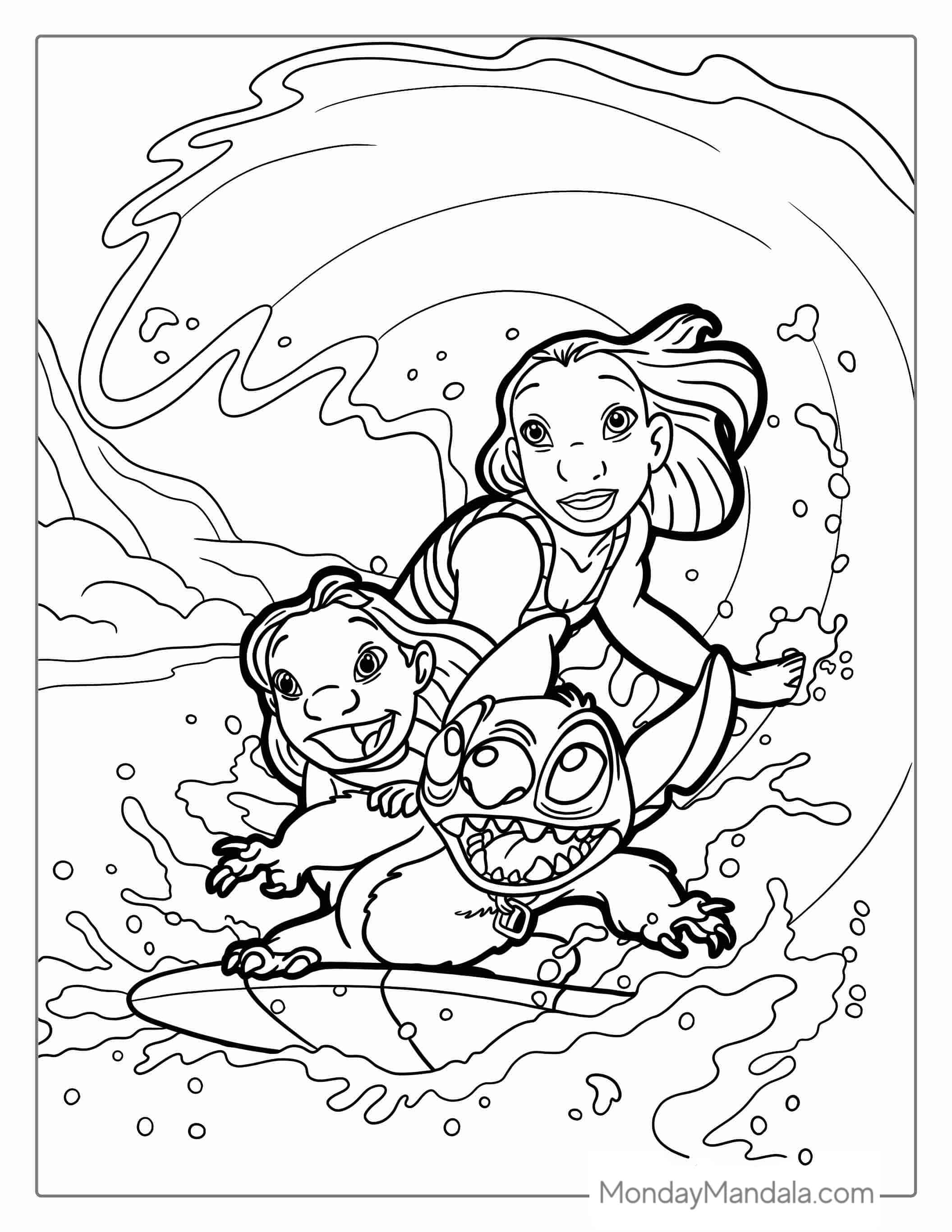 Lilo, Stitch, and Nani Pelekai Riding a Surfboard coloring page