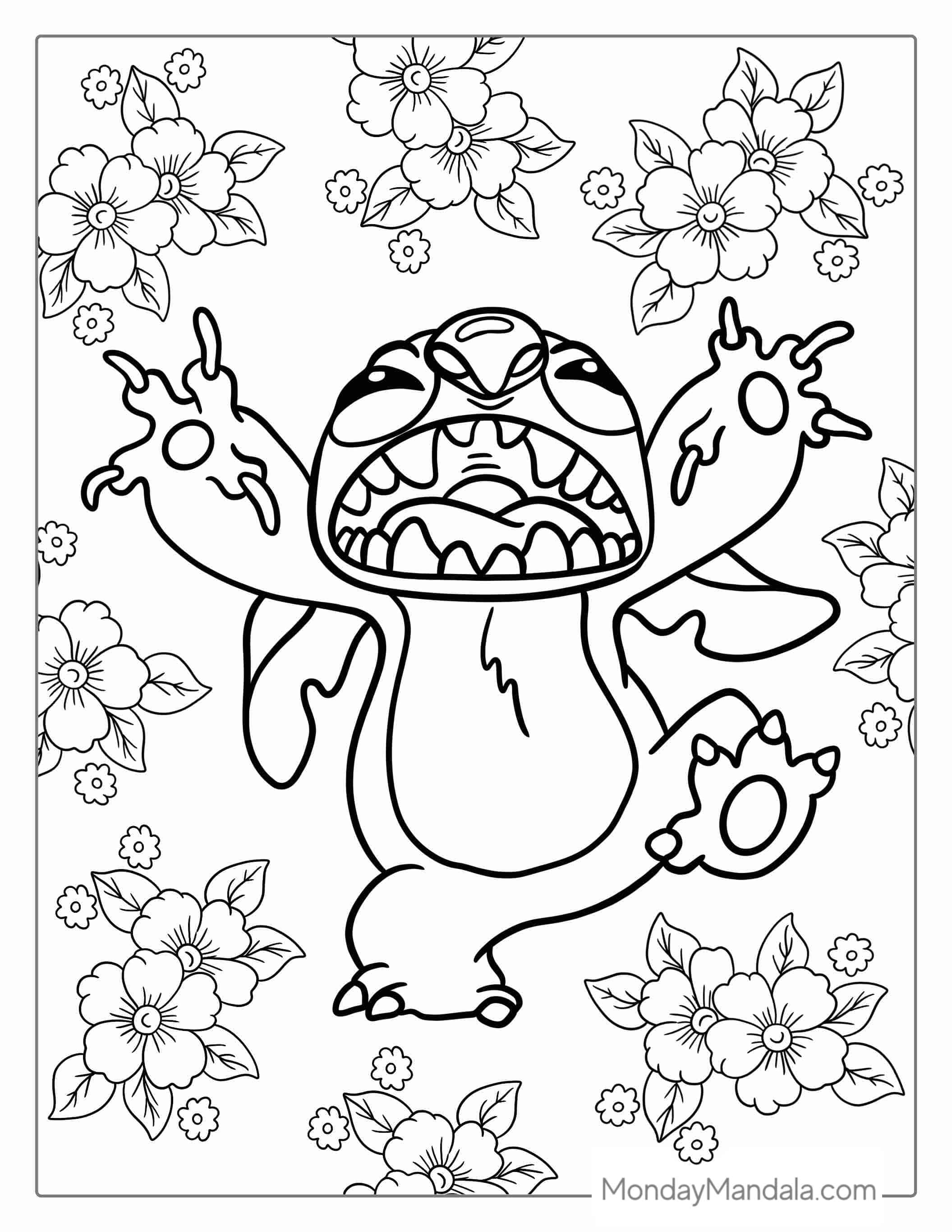 Scary Stitch With Hibiscus Flowers Coloring Page coloring page — printable line art