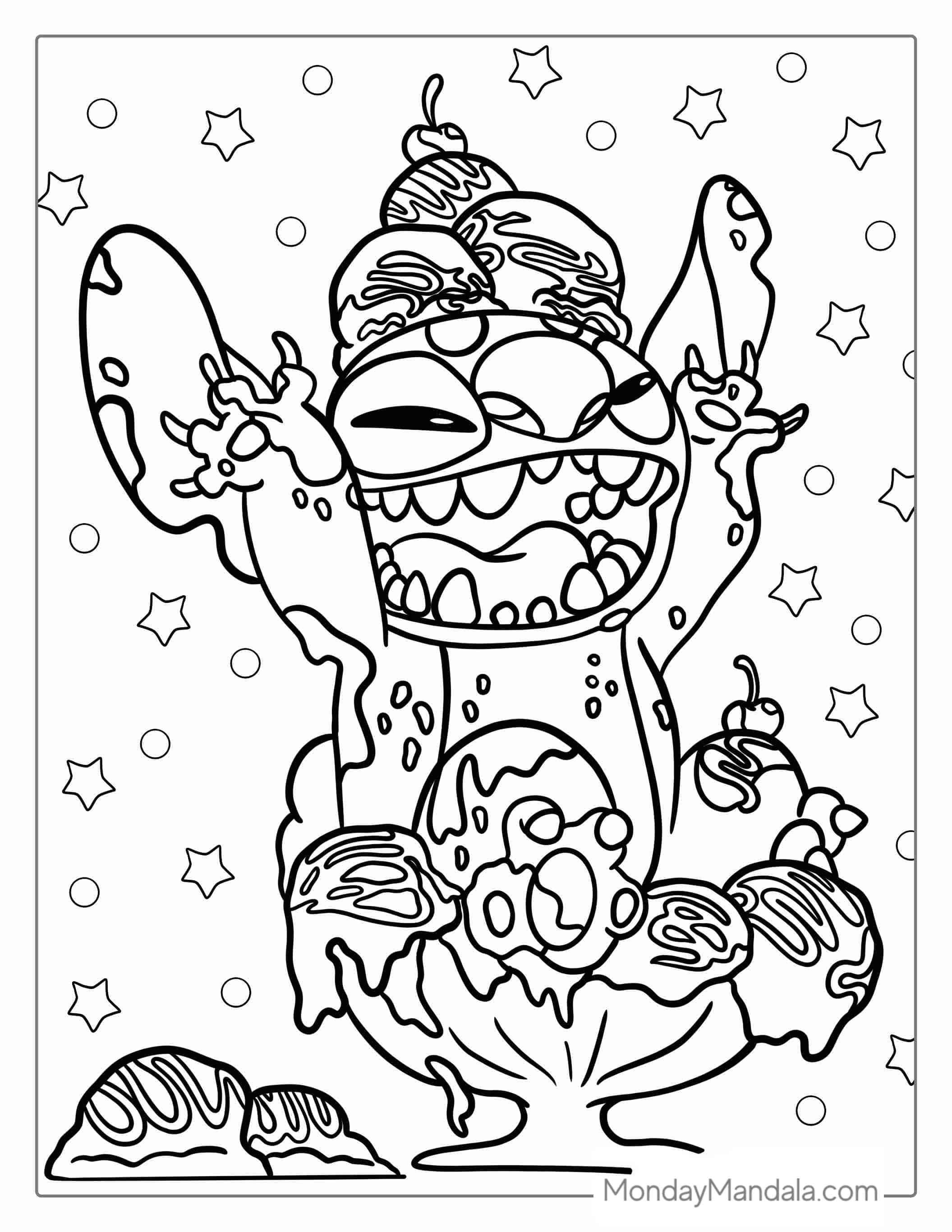 Stitch Playing In a Bowl Of Ice Cream To Color coloring page — printable line art