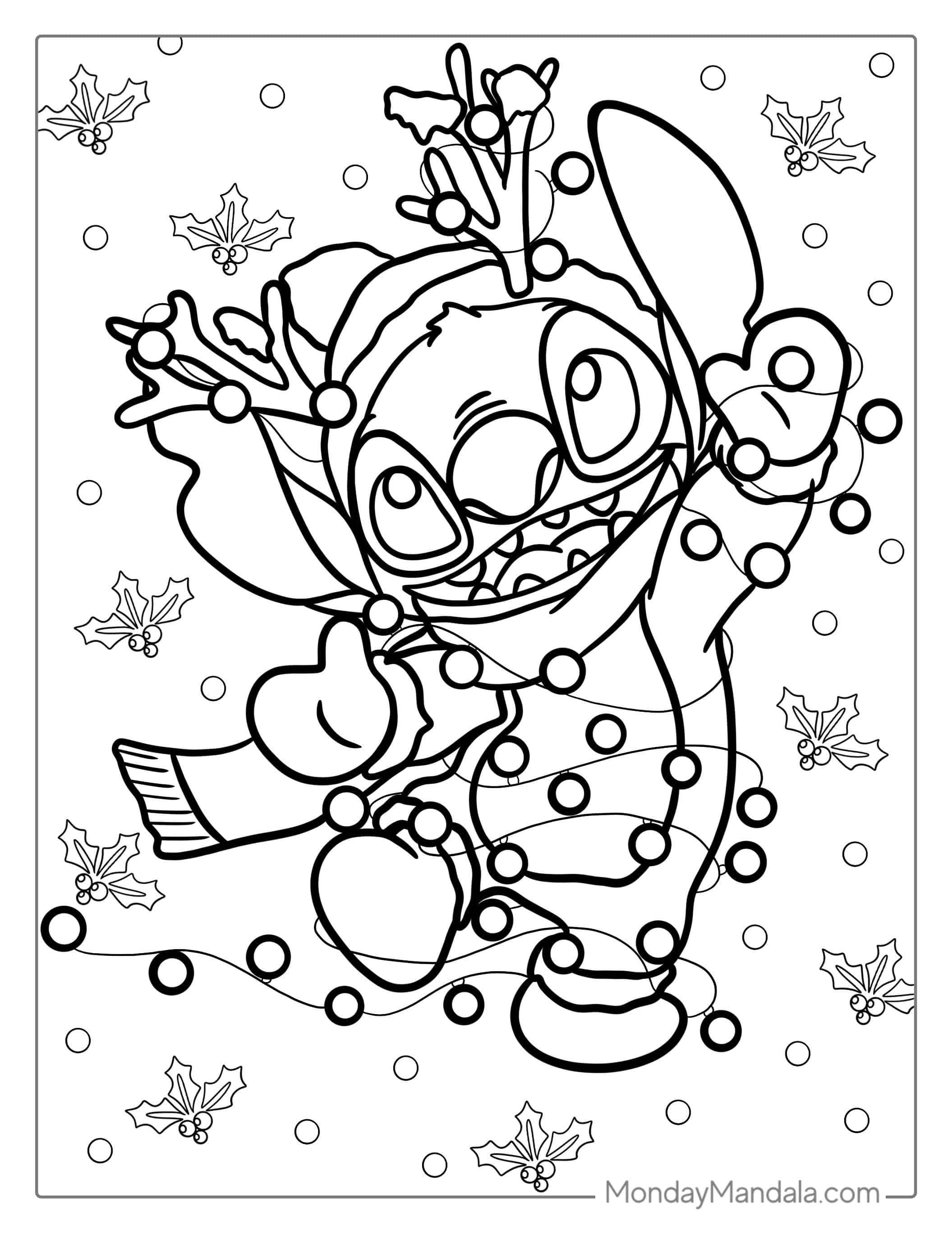 Stitch Tangled In Christmas Lights Coloring Page coloring page — printable line art