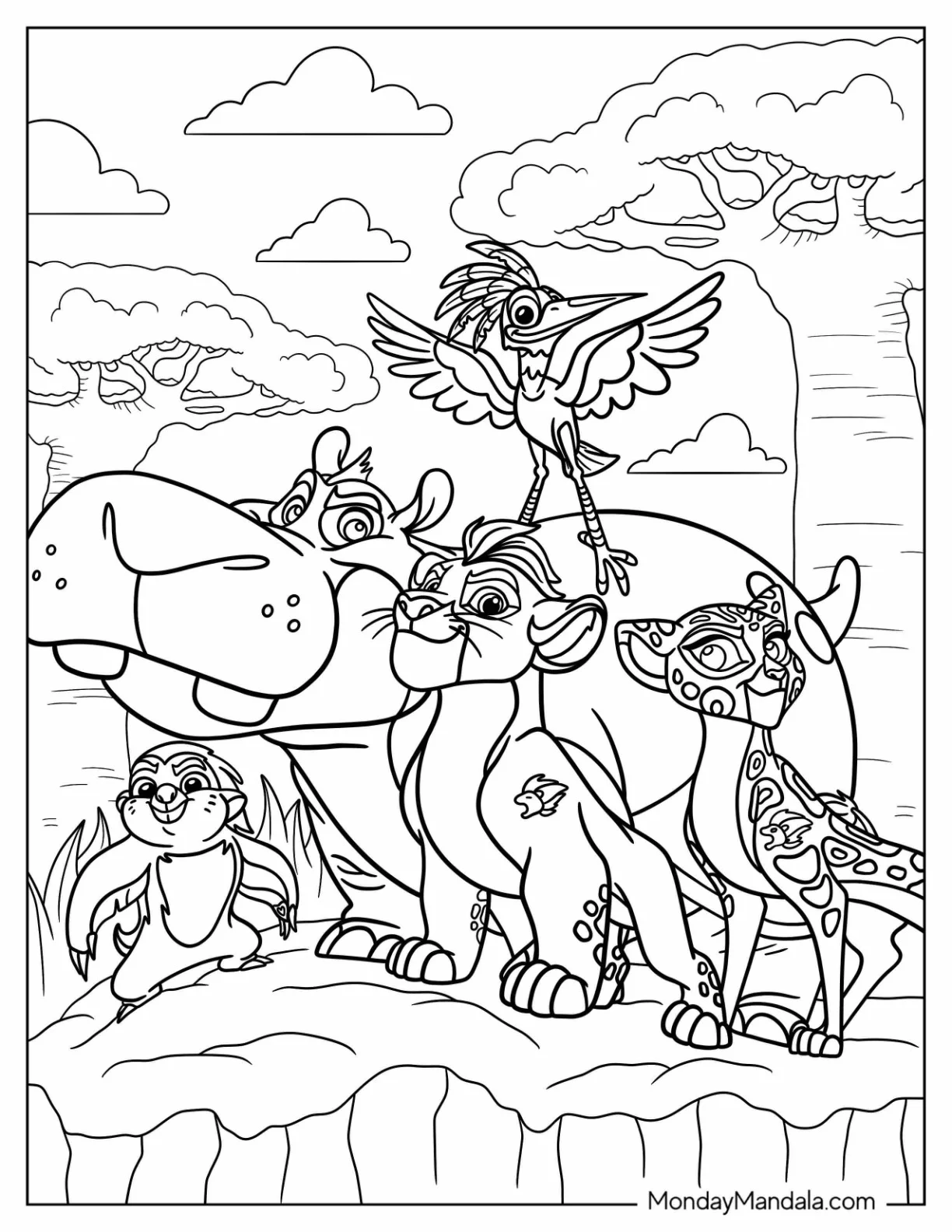 Lion Guard Kion, Ono, Fuli, Beshte, And Bunga In Jungle coloring page
