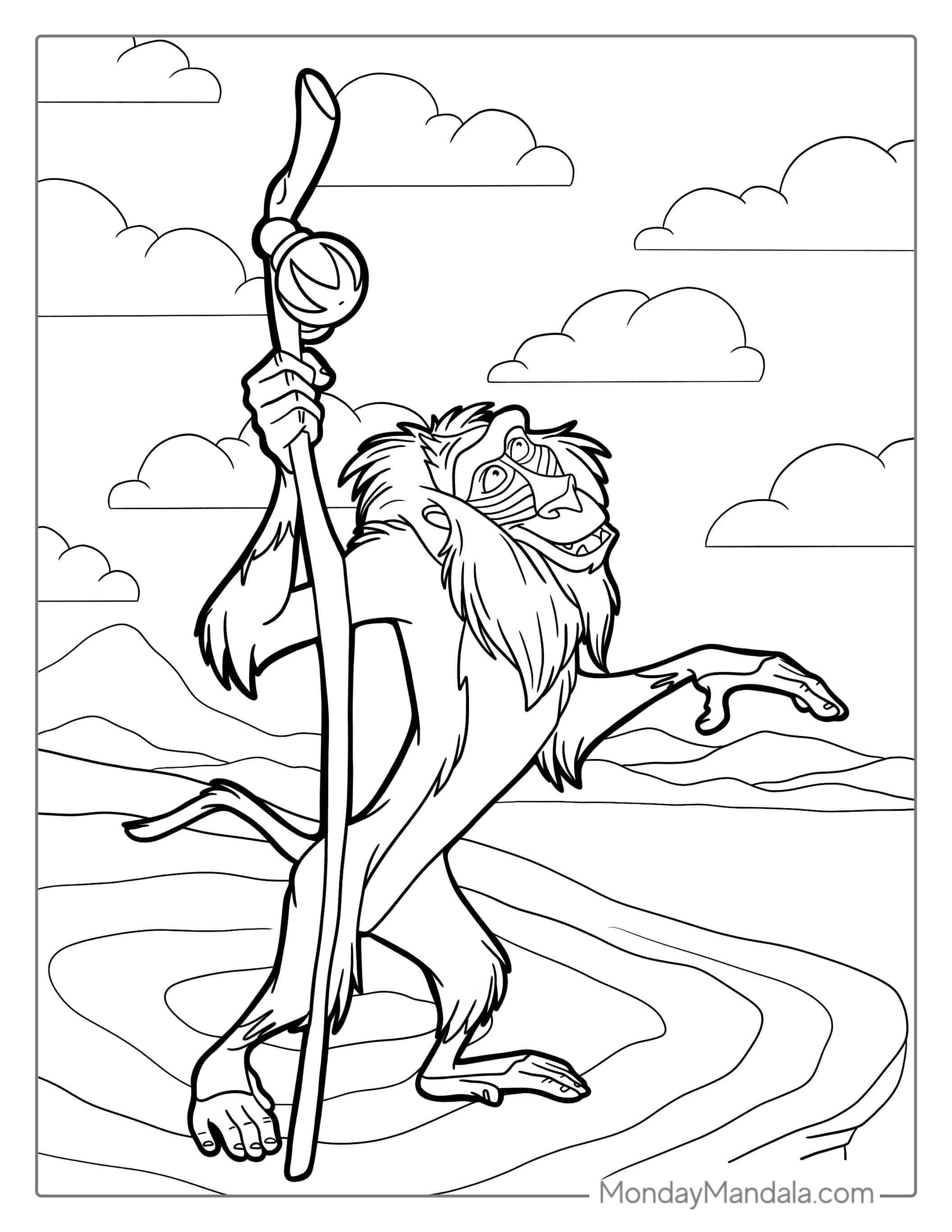 Rafiki Monkey Holding Staff Coloring Sheet coloring page