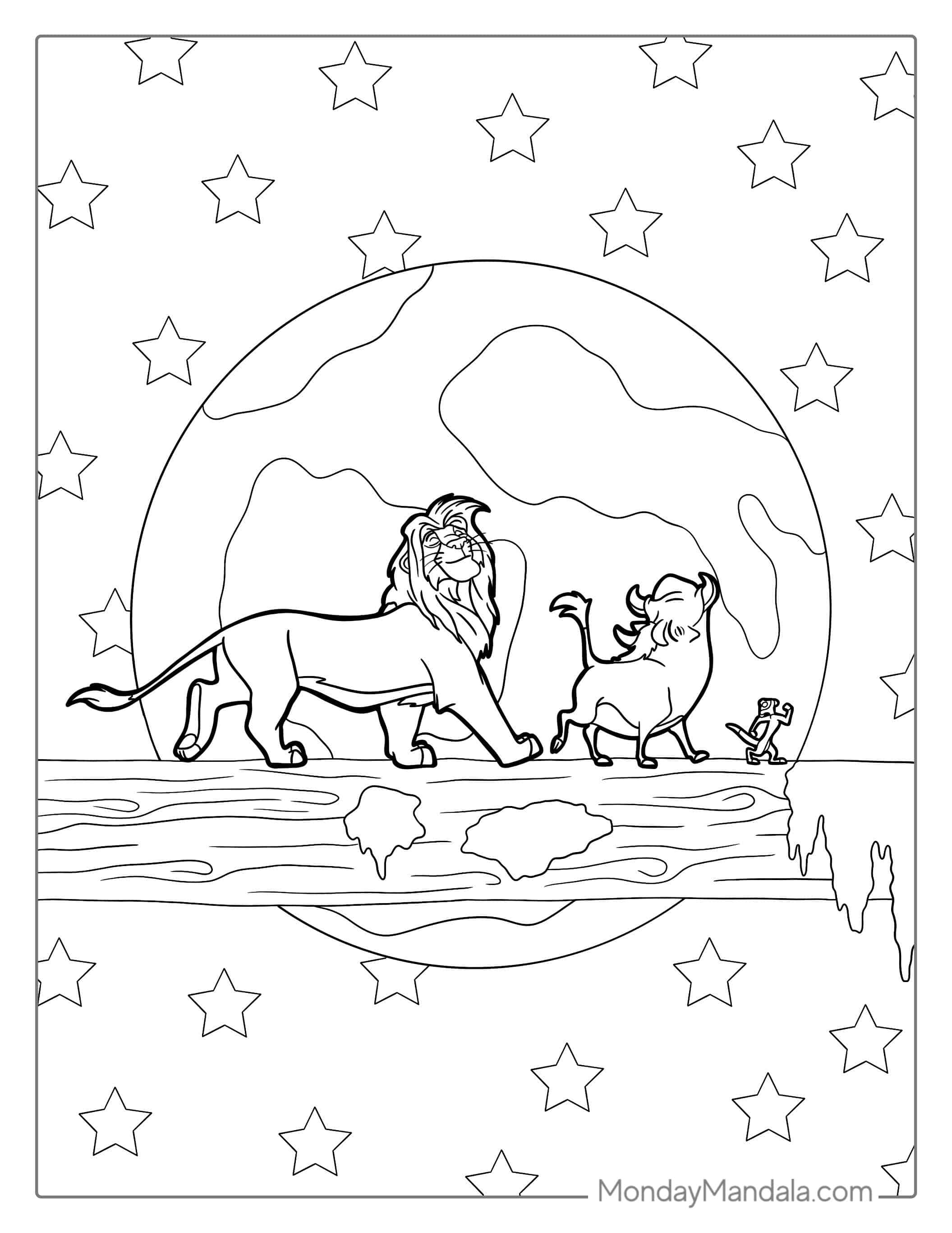 Timon, Pumbaa And Simba Walking On Log To Color coloring page