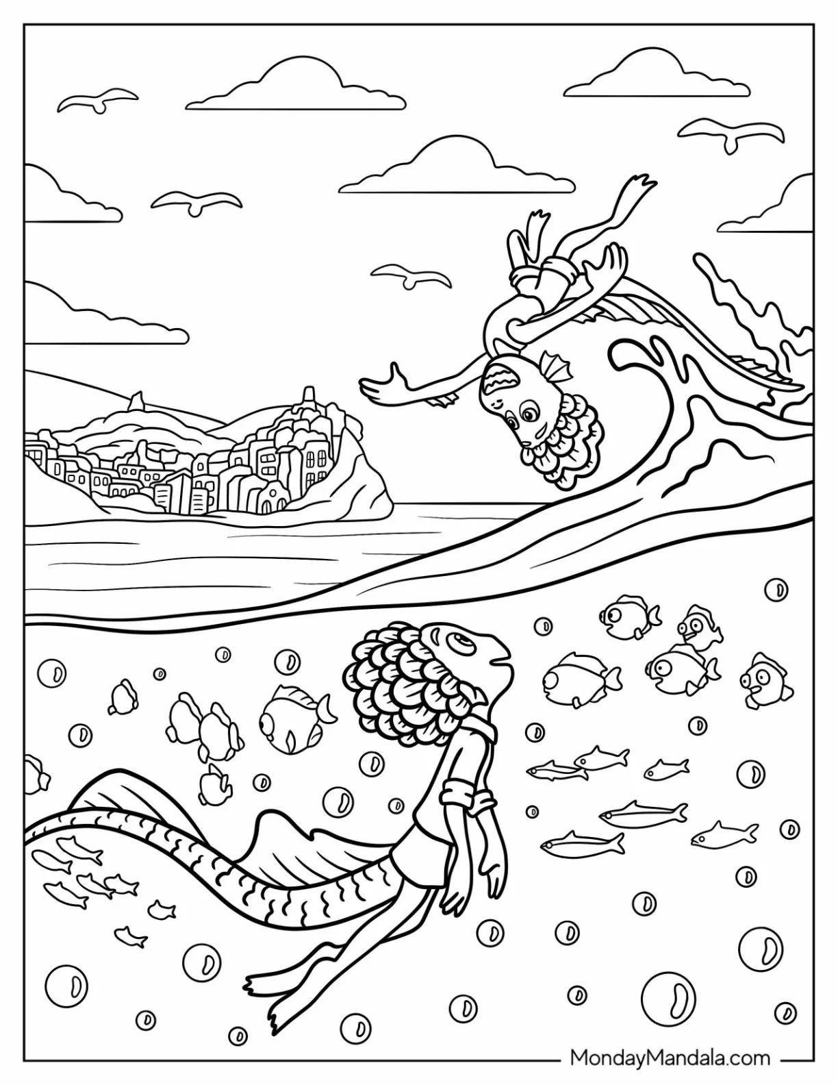 Alberto And Luca Coloring Page As Sea Monsters Playing In The Sea coloring page