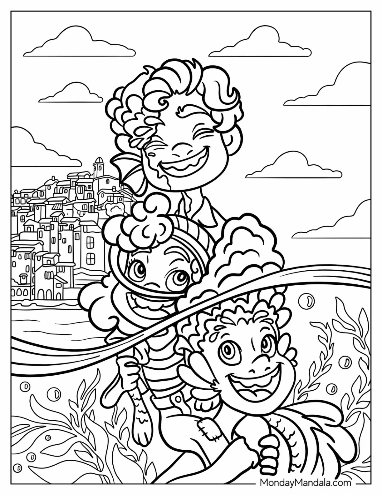 Giulia, Alberto, And Luca Coloring Page Playing In The Sea coloring page — printable line art