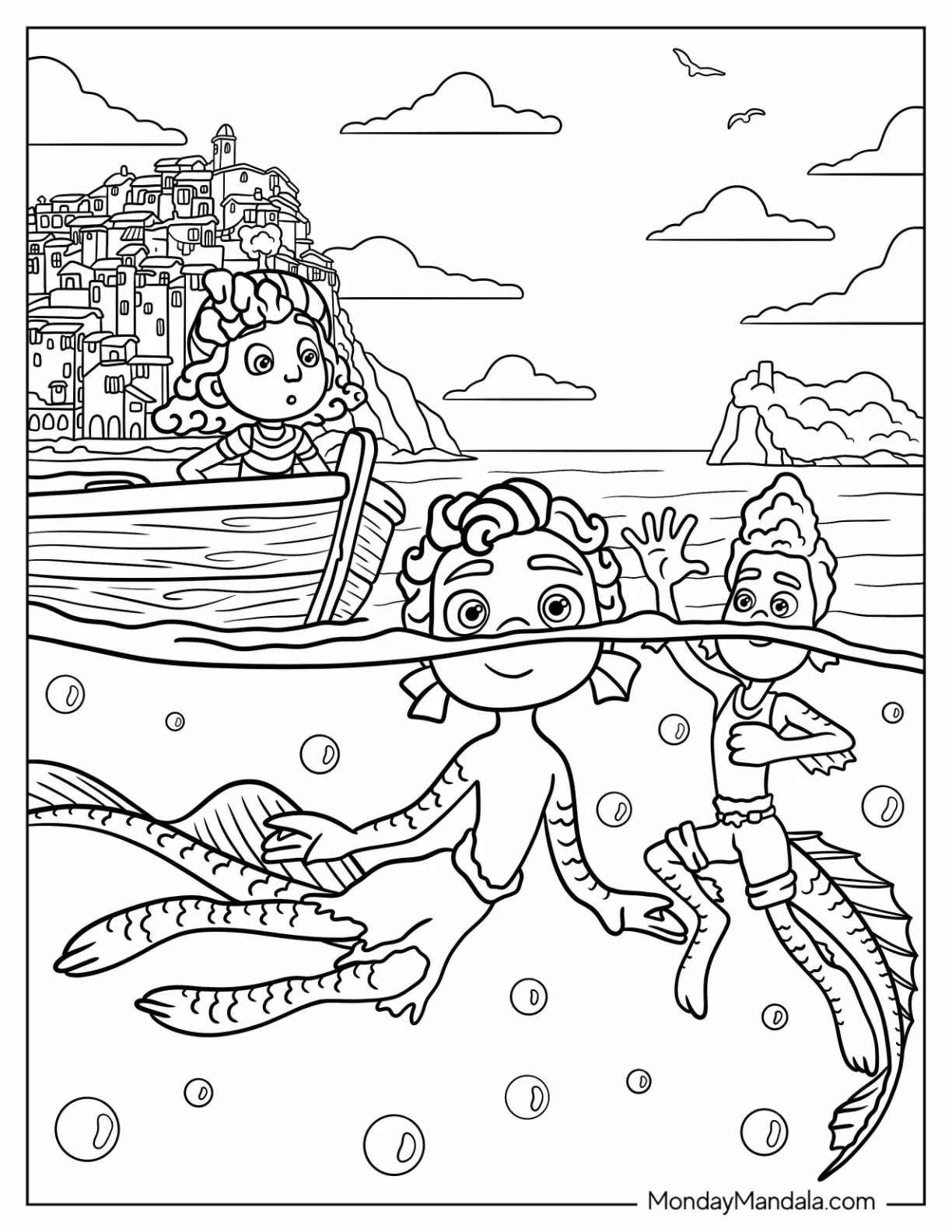 Giulia On A Boat While Luca Coloring Page And Alberto Swim coloring page