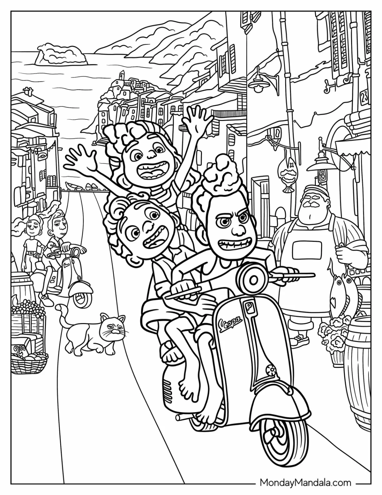 Luca Coloring Page Of Alberto And Giulia Riding A Vespa In Portorosso coloring page