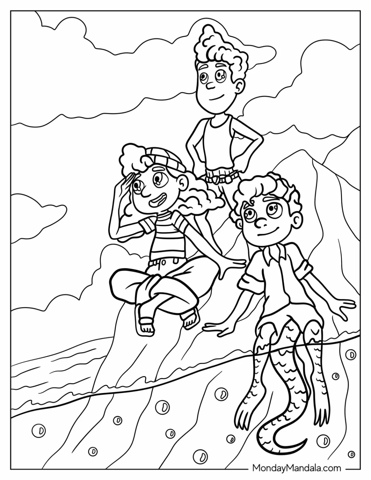 Luca Coloring Page Of Alberto, And Giulia Sitting On Rocks By The Sea coloring page