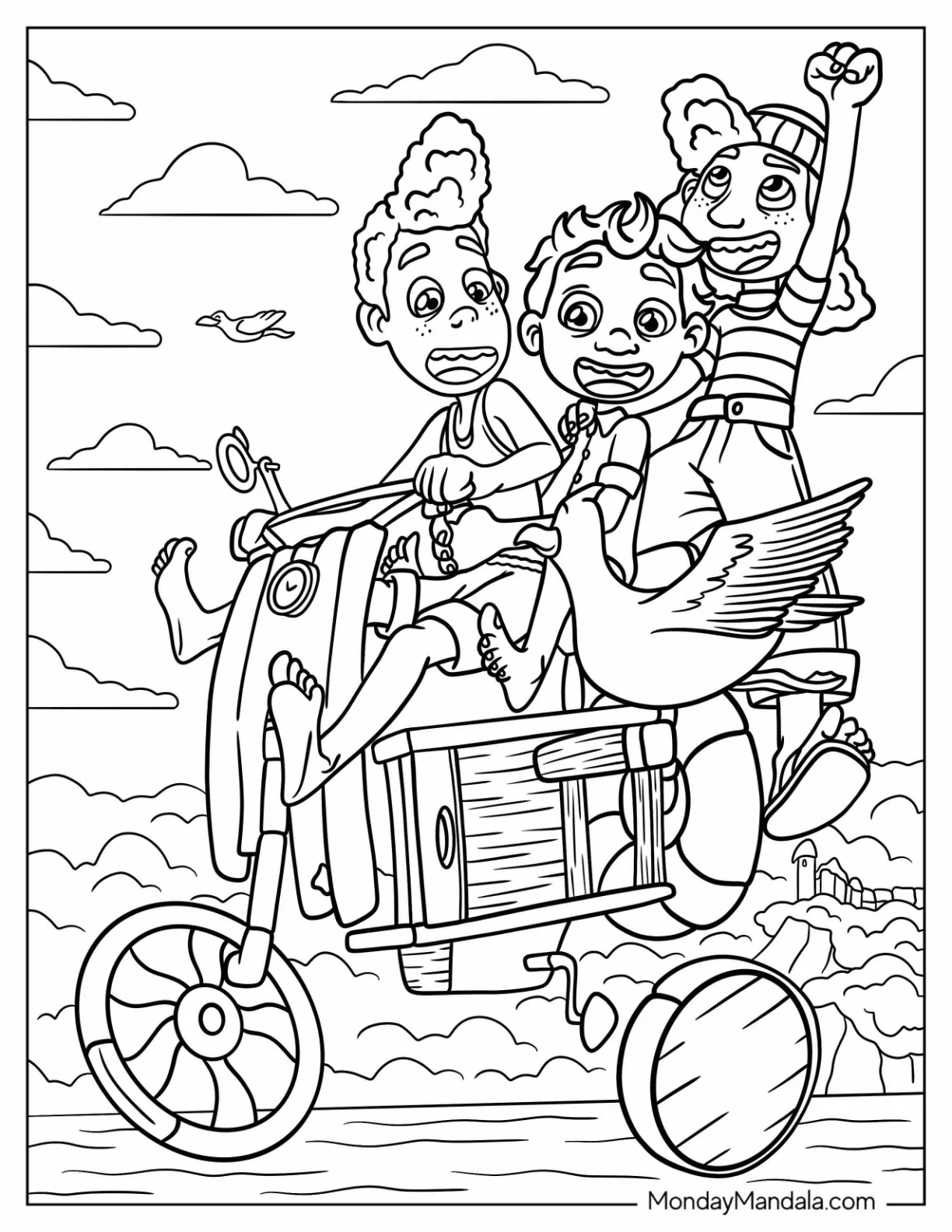 Luca Coloring Page Of Alberto, Giulia, And Luca Riding Their Makeshift Vespa coloring page