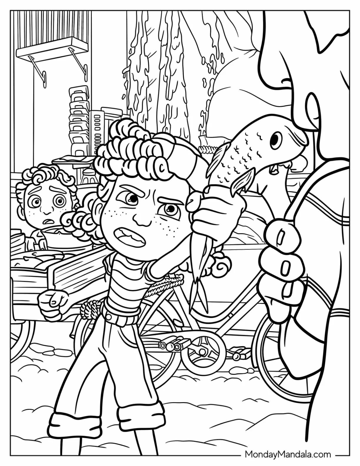 Luca Coloring Page Of Detailed Giulia Arguing While Holding Fish coloring page