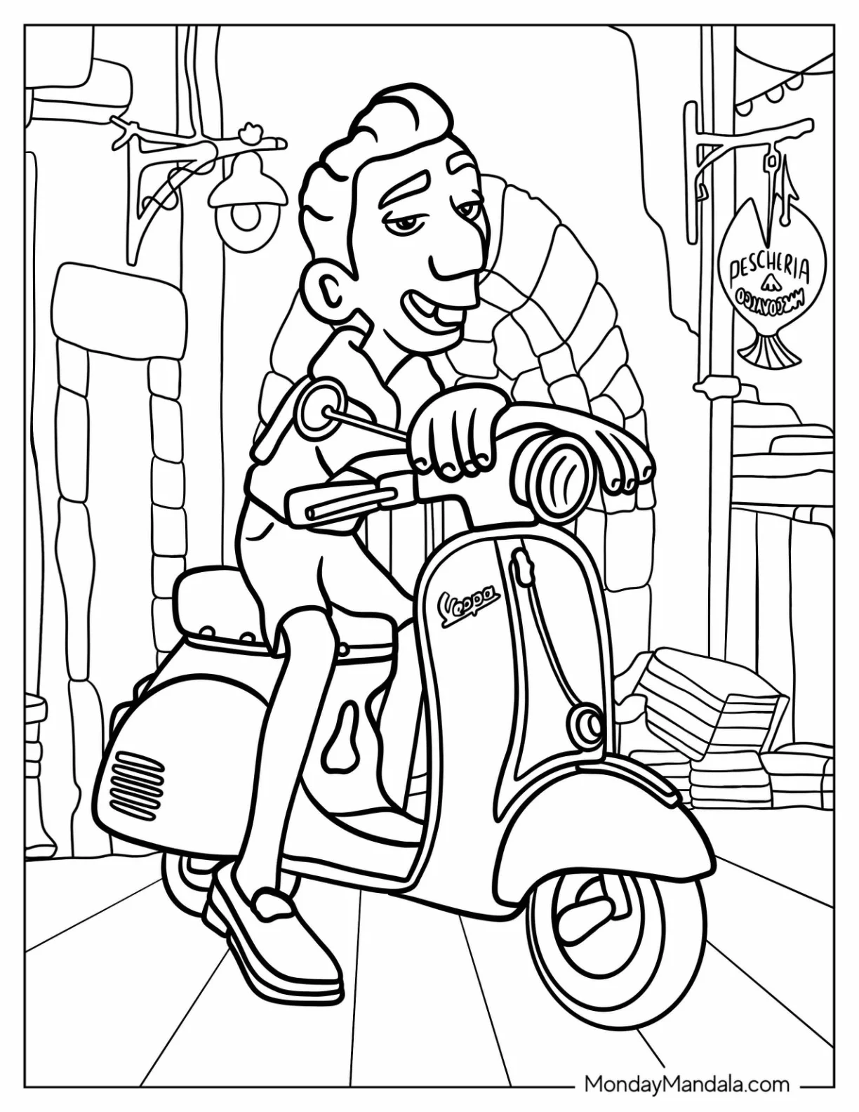 Luca Coloring Page Of Ercole Visconti Sitting On His Vespa coloring page