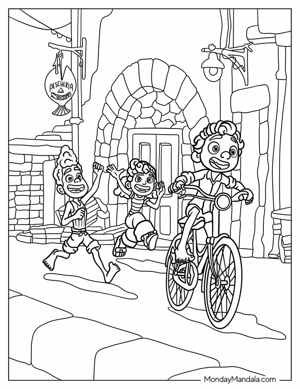 Luca Coloring Page Of Luca Riding Bicycle While Alberto And Giulia Chases Him coloring page
