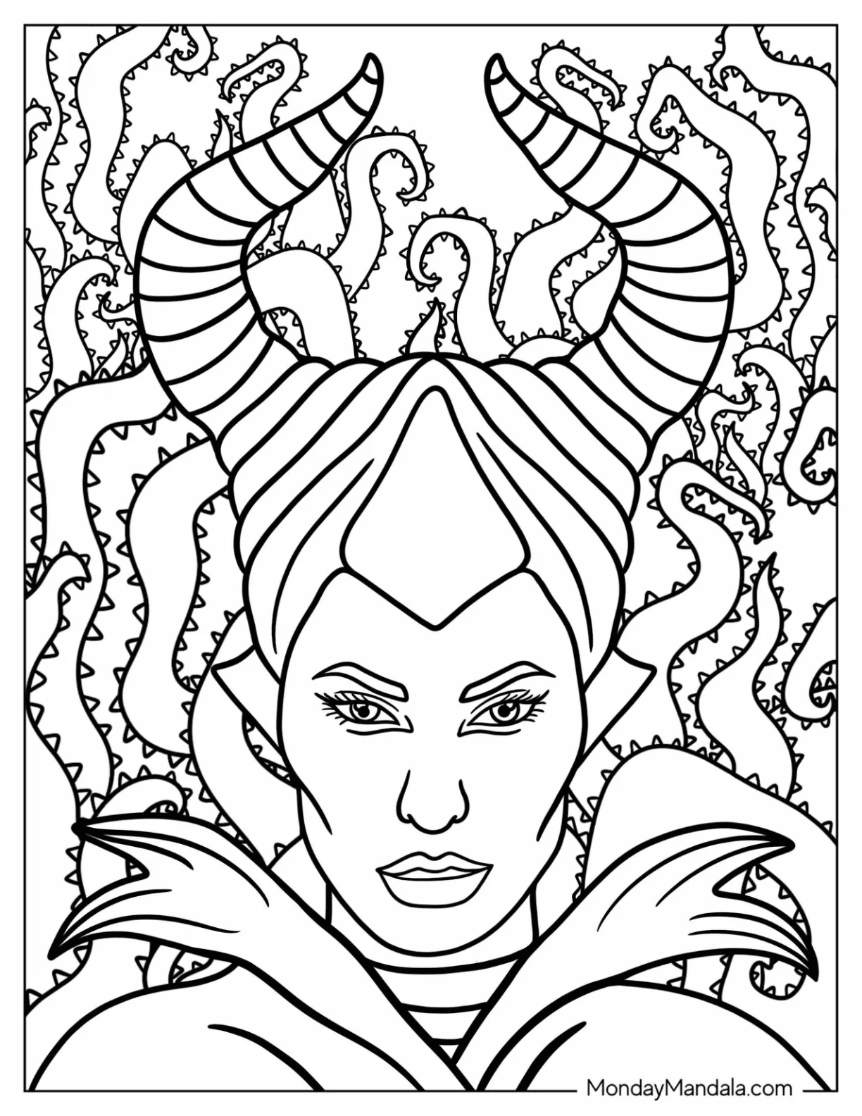 Close Up Of Maleficent Coloring Page With Thorny Background coloring page — printable line art