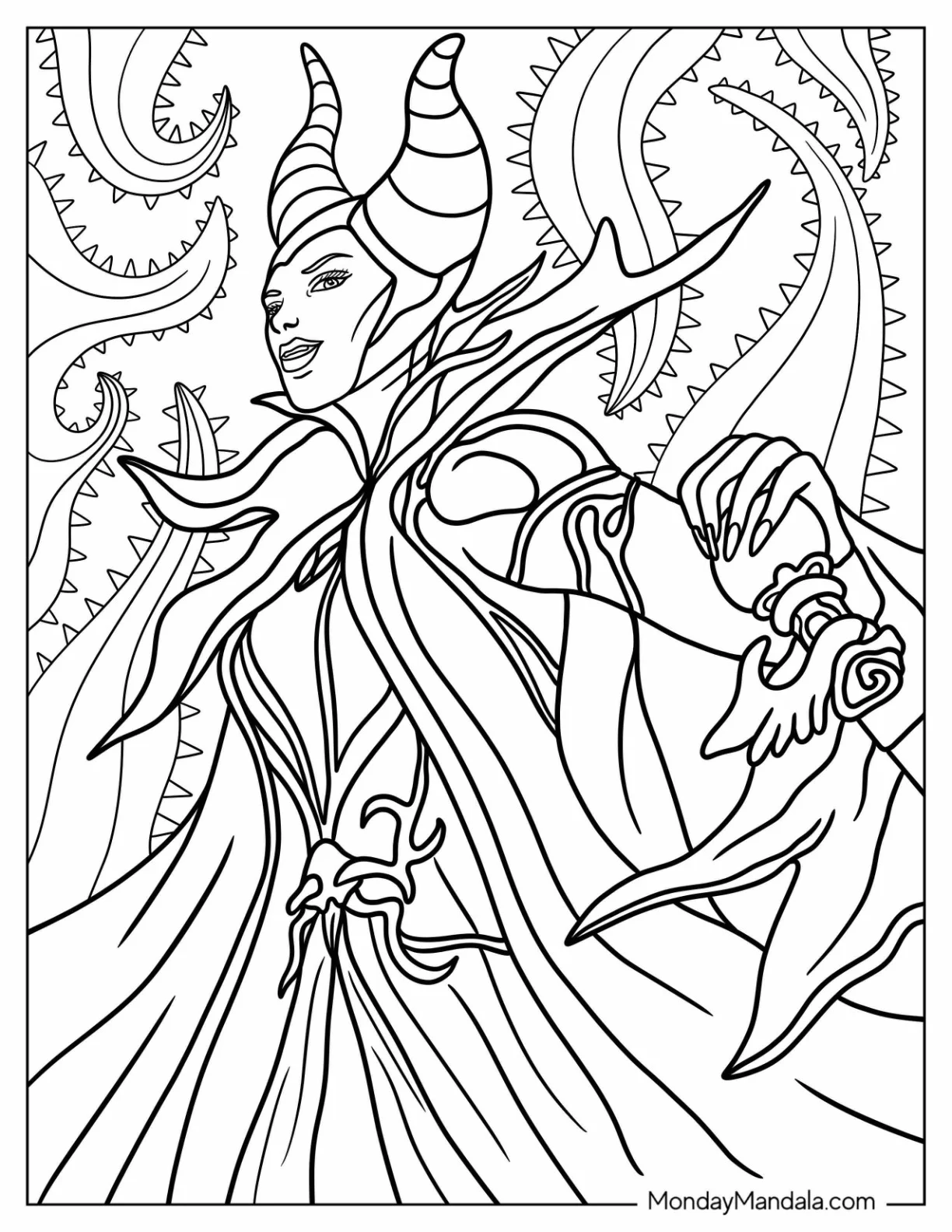 Detailed Maleficent Coloring Page With Thorny Background coloring page