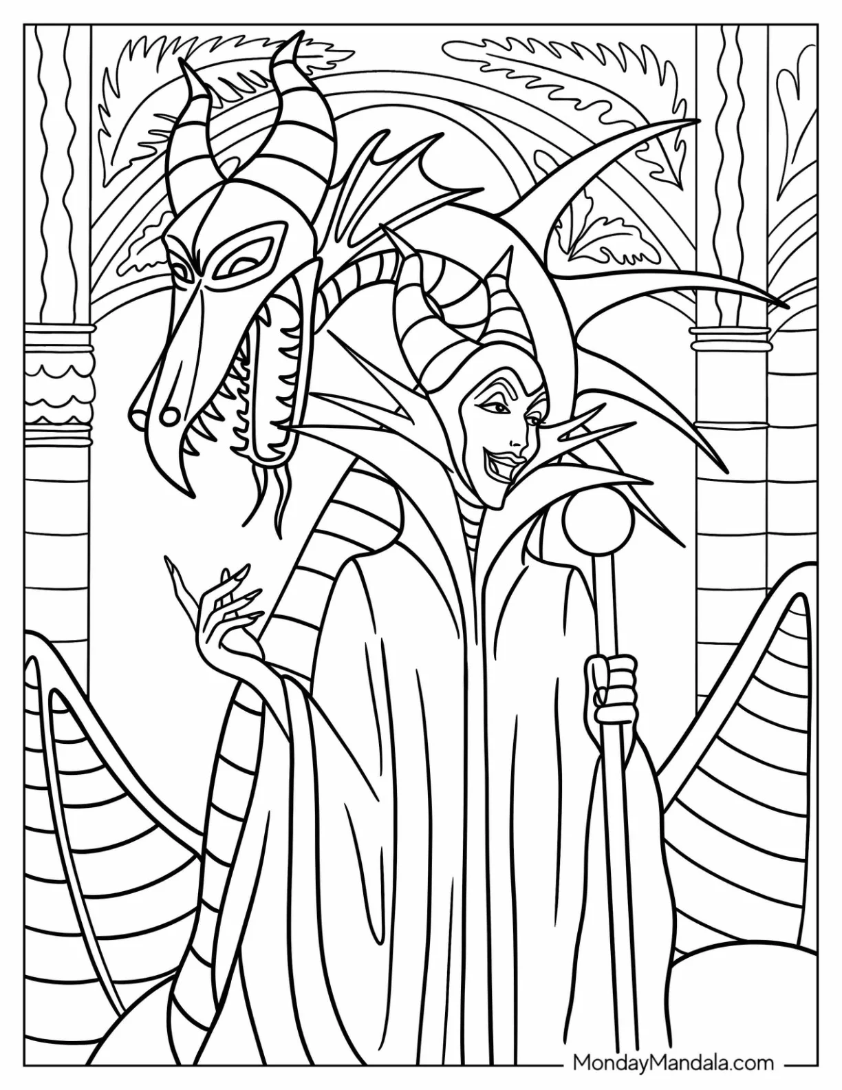 Disney Maleficent Coloring Page Smiling With Dragon Behind Her coloring page — printable line art