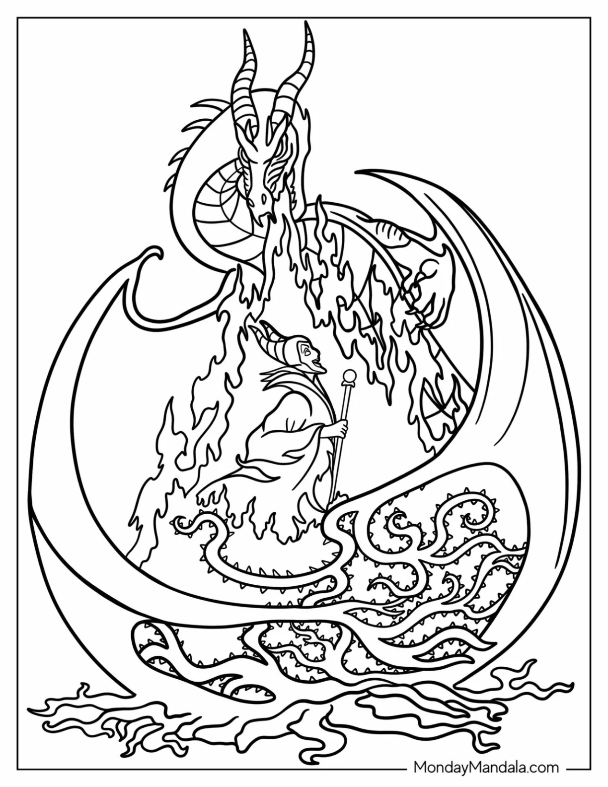 Evil Maleficent Coloring Page With Fire Breathing Dragon And Thorns coloring page — printable line art