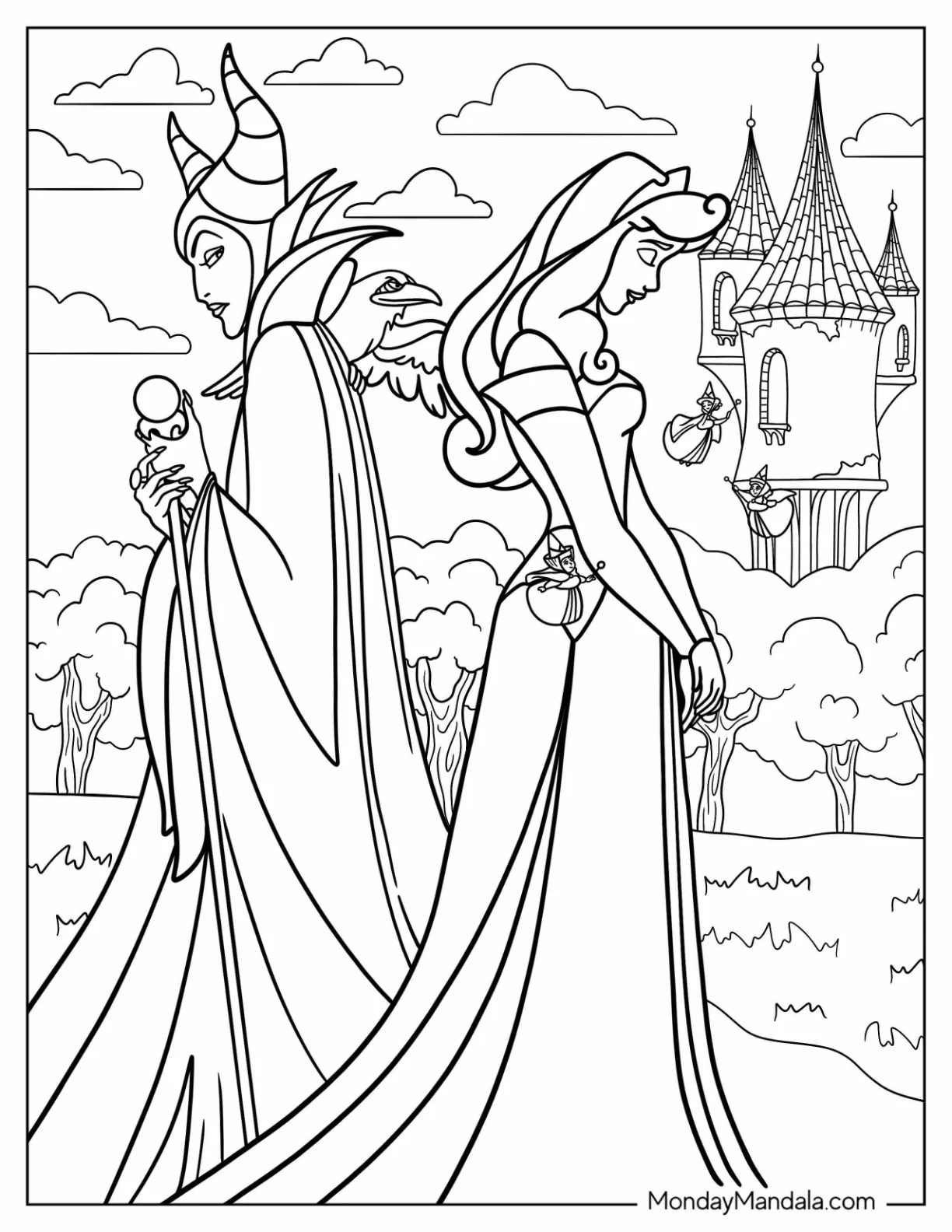 Maleficent Coloring Page Back To Back With Aurora coloring page — printable line art