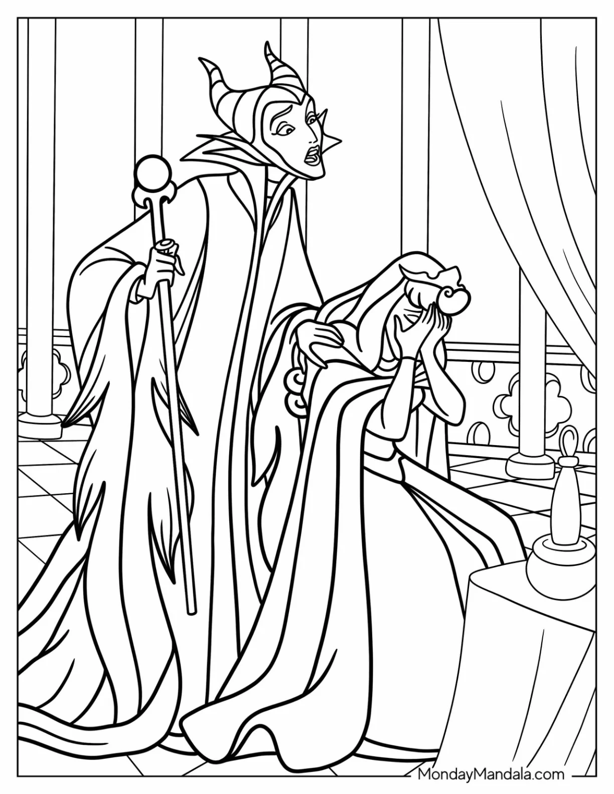 Maleficent Coloring Page Comforting Crying Aurora coloring page — printable line art