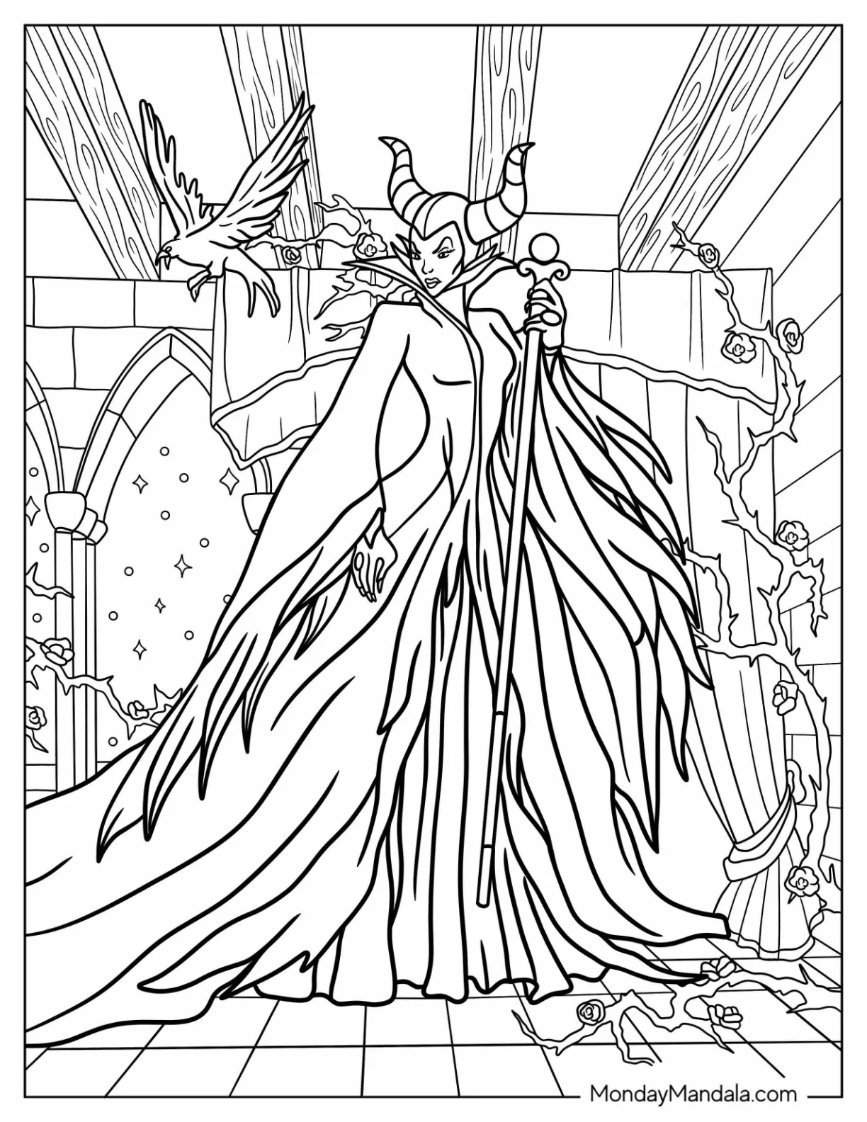 Maleficent Coloring Page Holding Staff Inside Castle coloring page