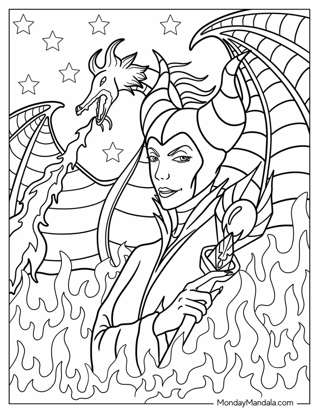 Maleficent Coloring Page Surrounded By Dragon Fire coloring page