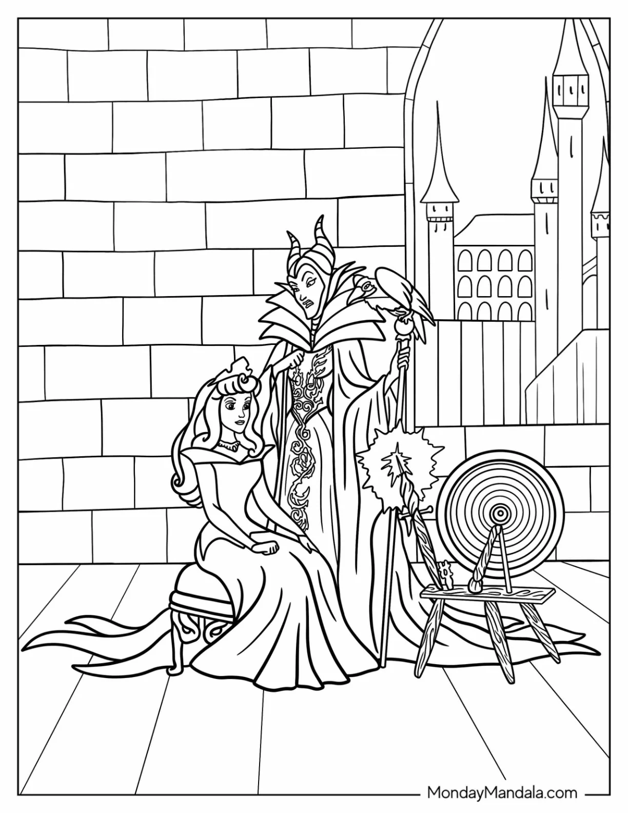 Maleficent Coloring Page Watching Aurora With Cursed Spindle coloring page