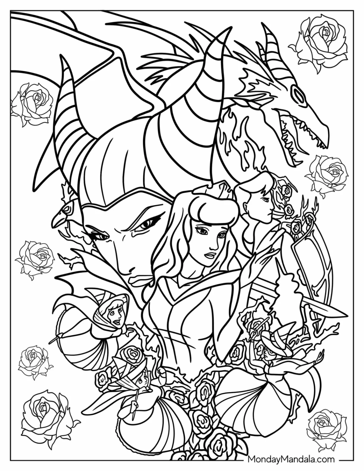 Maleficent Coloring Page With Aurora, Fairy Godmothers, And Prince Poster coloring page