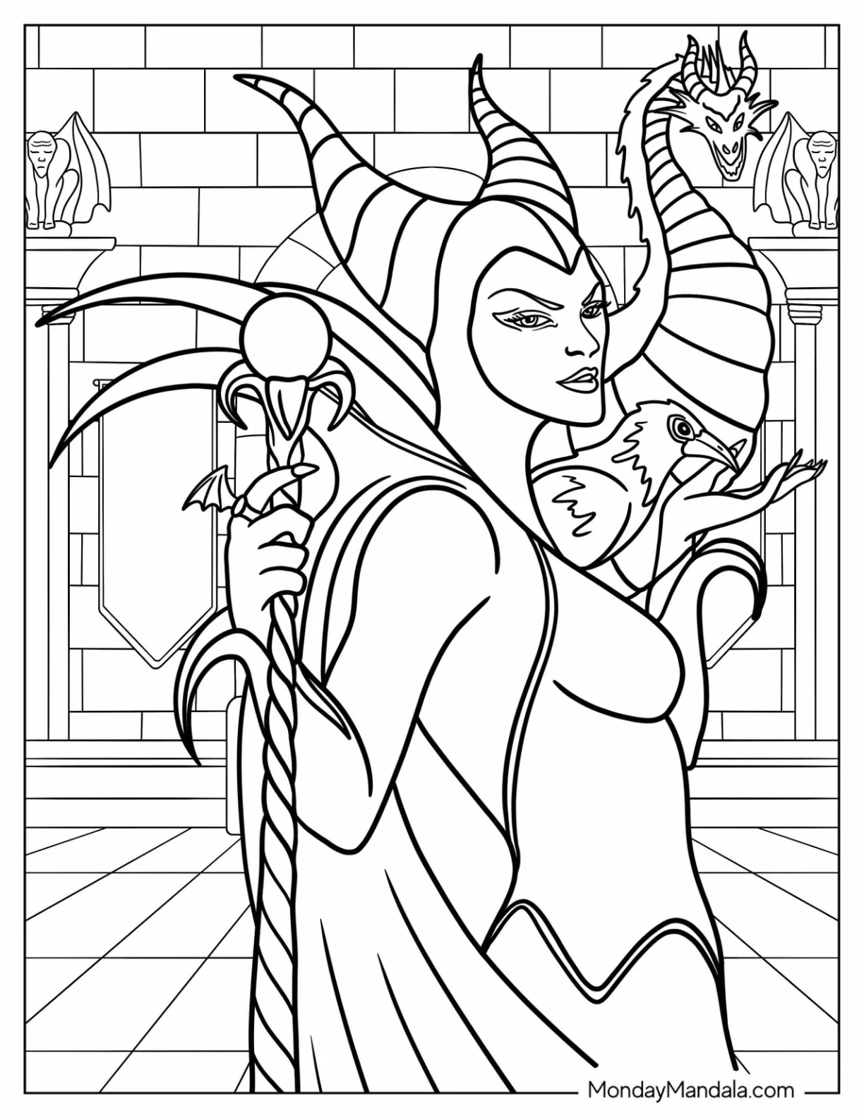 Maleficent Coloring Page With Raven And Dragon coloring page