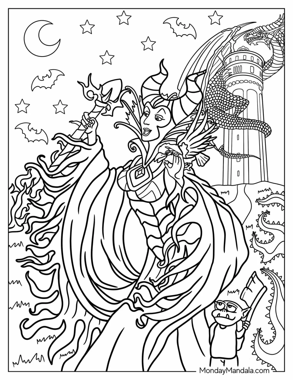 Maleficent Coloring Pages Standing Outside Of Sleeping Beauty Tower With Dragon coloring page