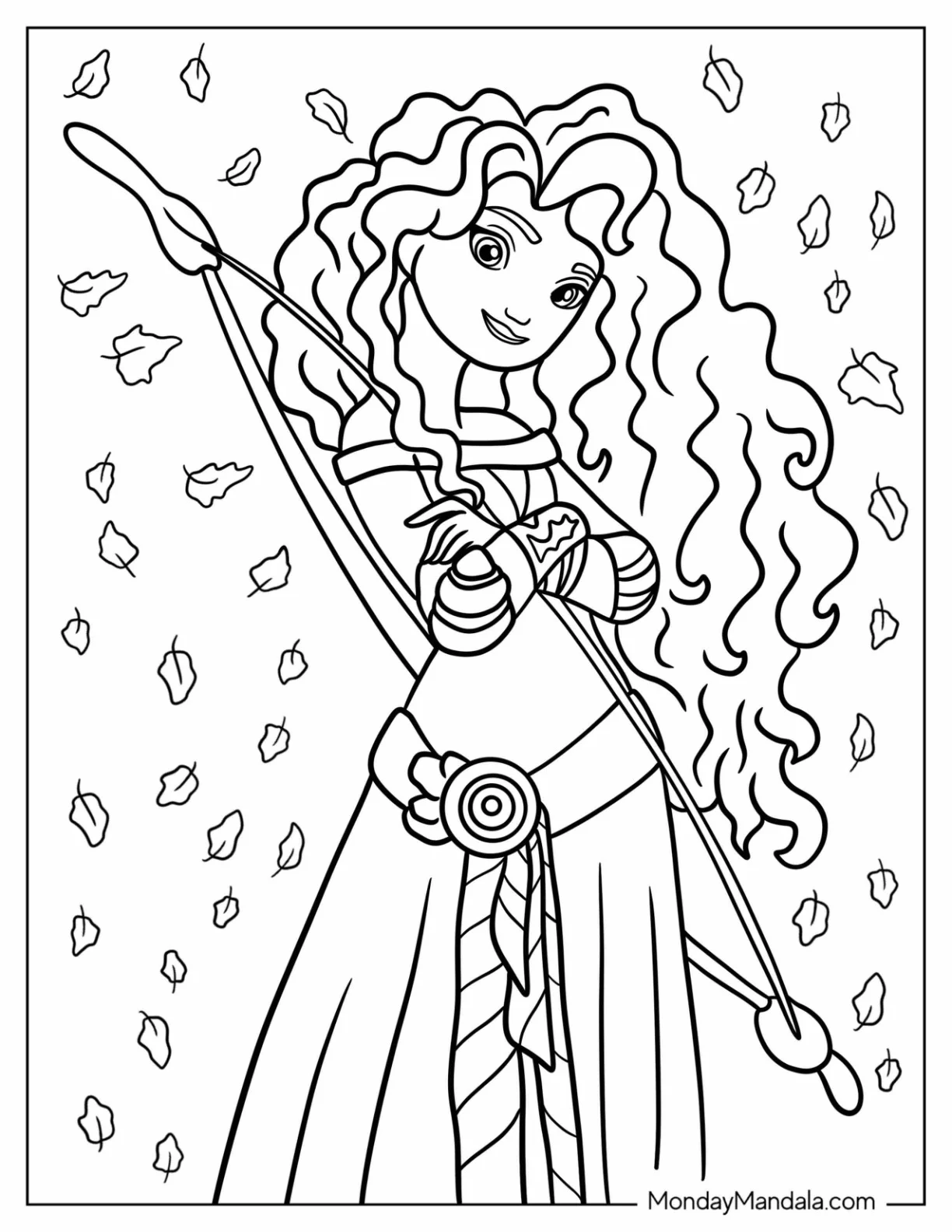 Brave Merida Coloring Page With Fall Leaves In Background coloring page — printable line art