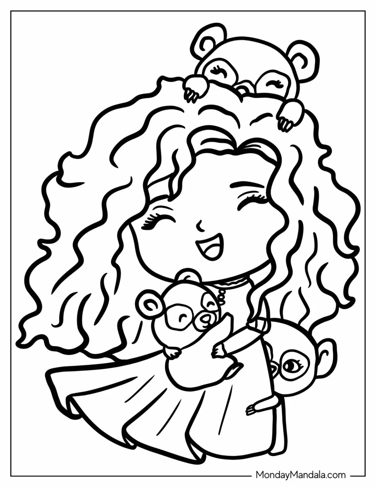 Chibi Merida Coloring Page With Bear Triplets For Preschoolers coloring page