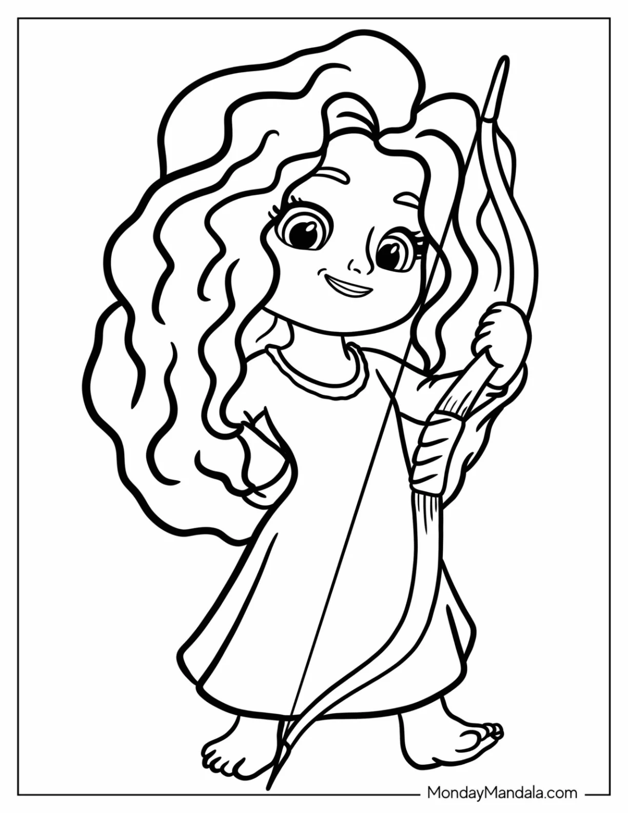 Cute Baby Merida Coloring Page Holding Bow For Preschoolers coloring page