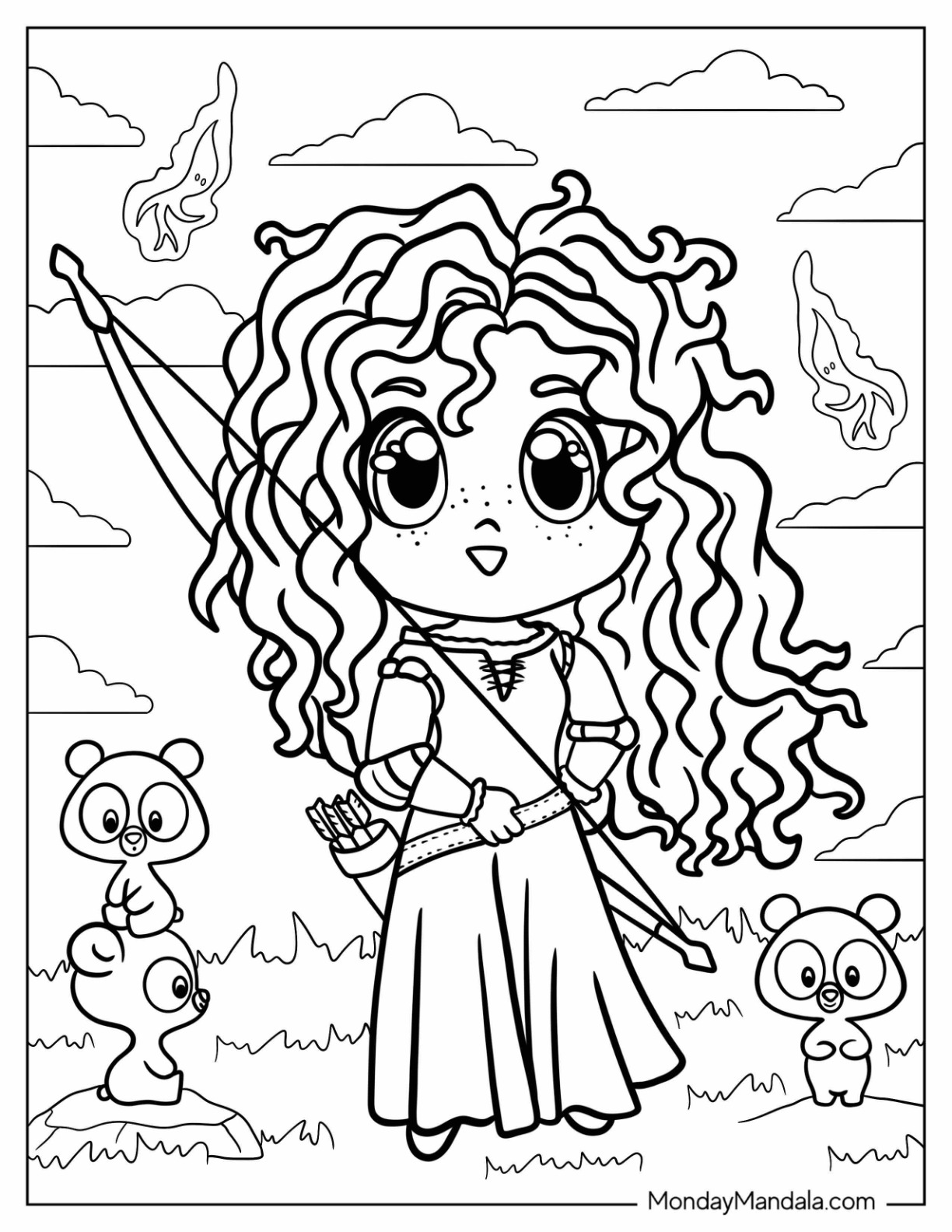 Kawaii Merida Coloring Page With Her Triplet Bear Cubs coloring page — printable line art